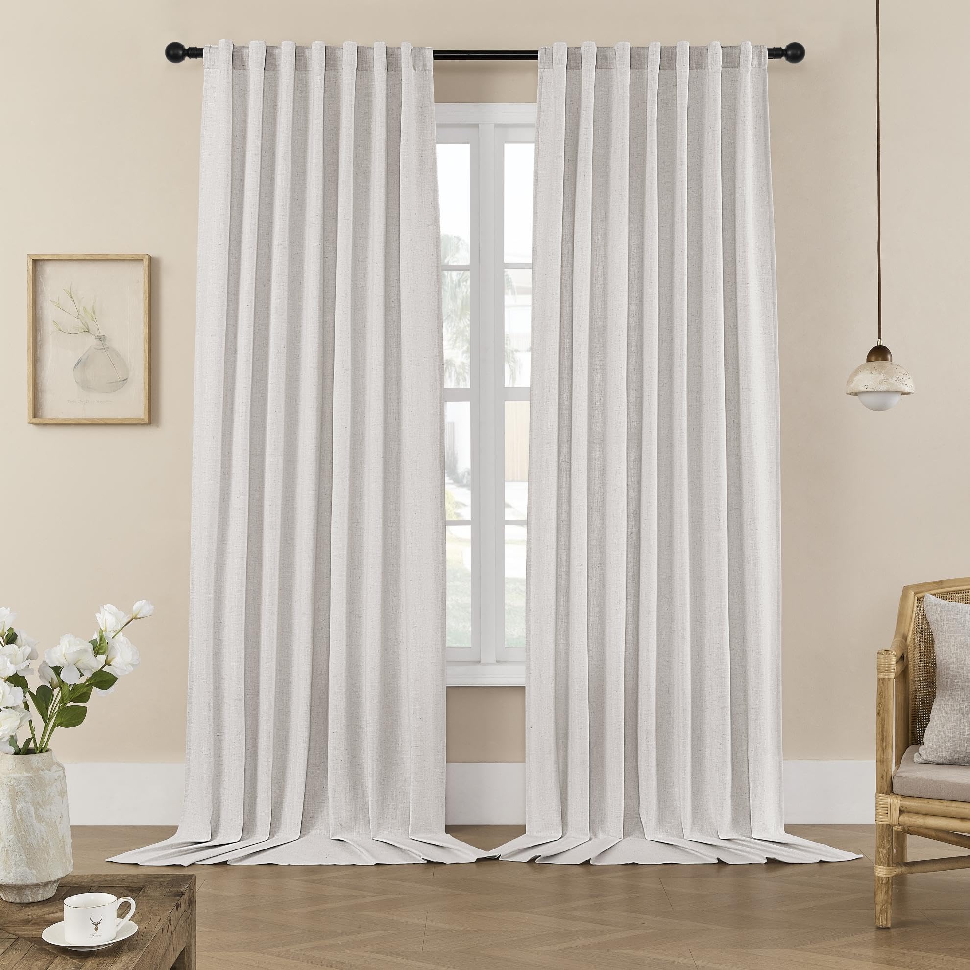 Joydeco Curtains, 108 Inches Long, 2 Panels Set, Farmhouse Drapes for Living Room, Semi-Blackout, Linen-Polyester, Ivory on Linen, Rod Pocket