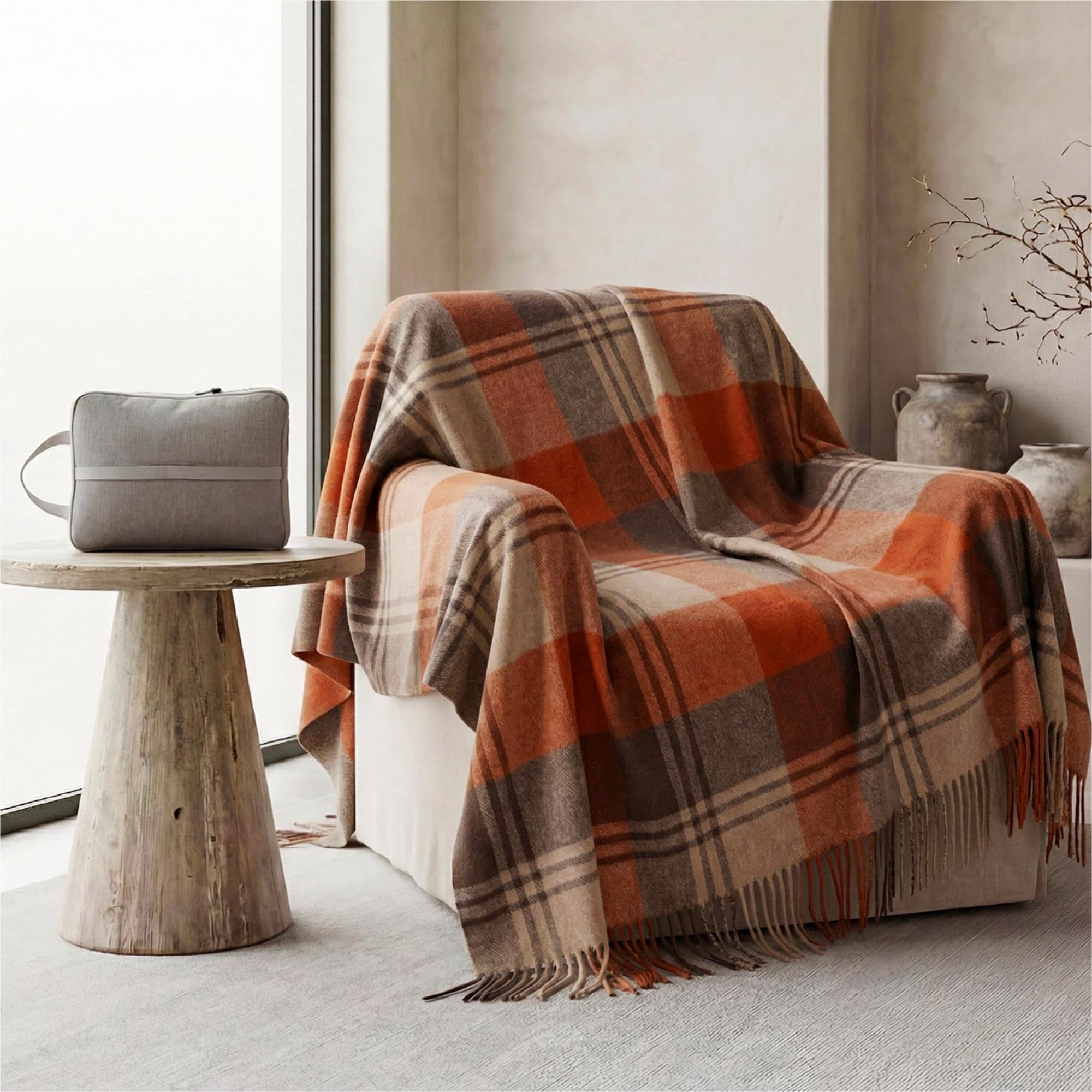 Soft Pure Wool Throw Blanket, Lightweight Warmth, 55"x83", Plaid, Fringe, Compact with Bag, Useful Gift for Women Men, All Season Decorative Cozy Travel Blanket for Couch Bed, Outdoors