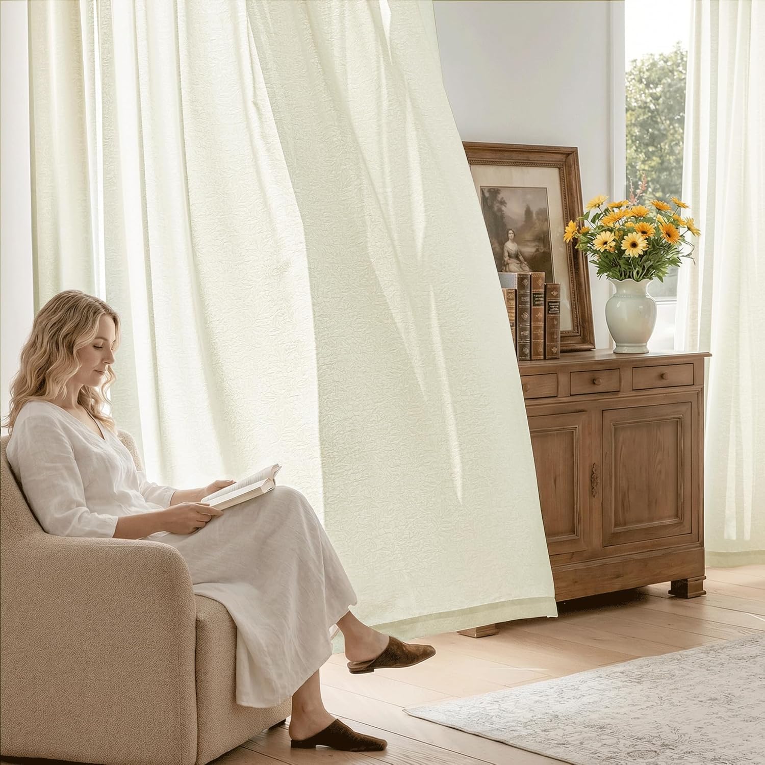 Beauoop Beige Semi Sheer Curtains 84 Inches Long for Living Room, Floral Jacquard Voile Light Filtering Privacy Curtains for Bedroom Dining Room Flower Textured Rod Pocket Window Drapes, 2 Panels