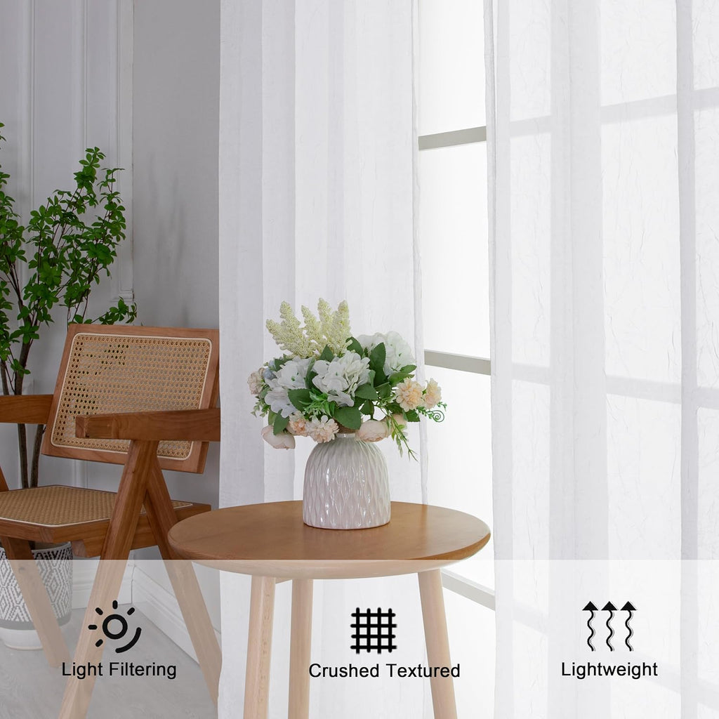 Chyhomenyc Crushed Sheer White Curtains 84 Inch Length 2 Panels, Light Filtering Solid Crinkle Voile Lightweight Textured Sheer Curtian for Bedroom, Each 42Wx84L Inches