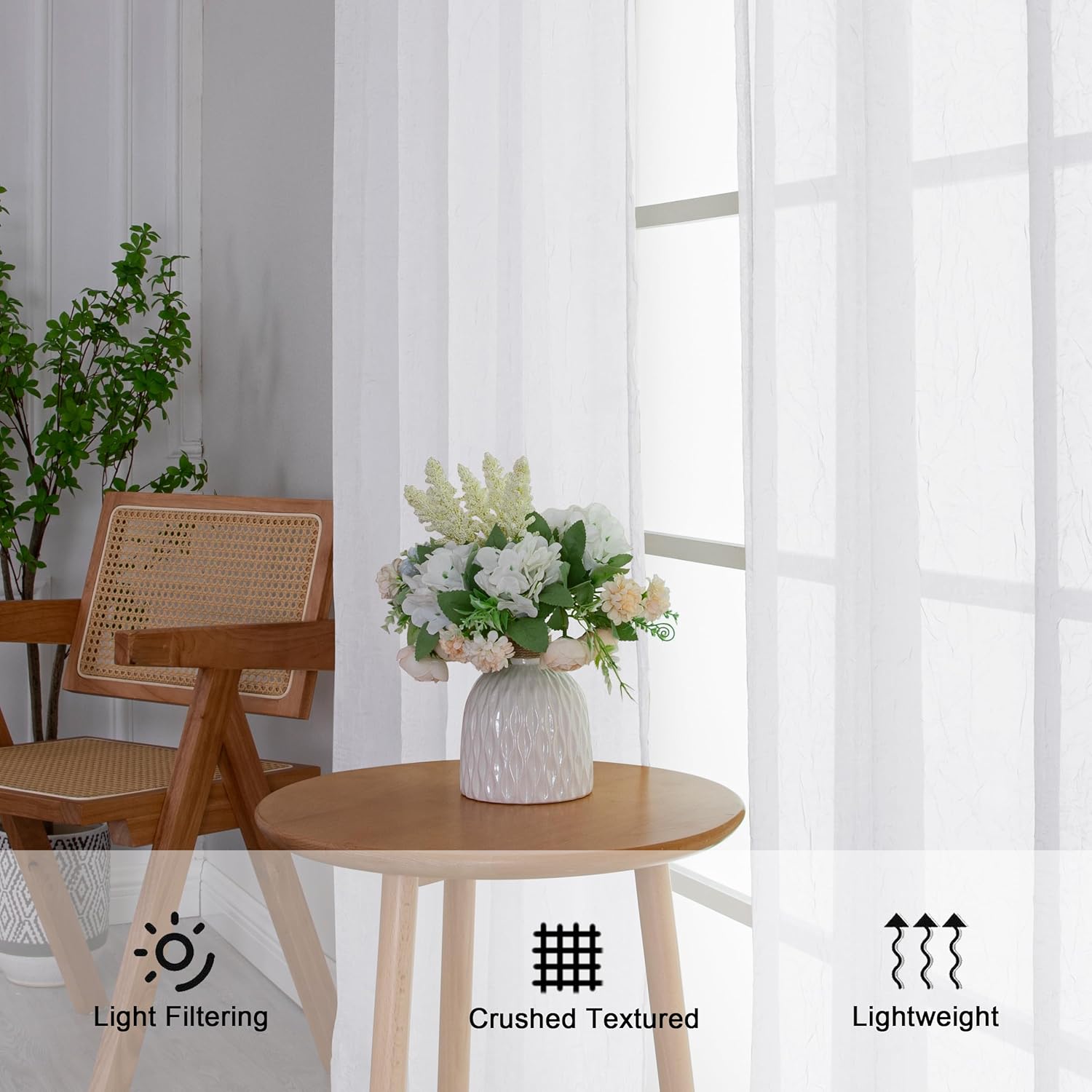 Chyhomenyc Crushed Sheer White Curtains 84 Inch Length 2 Panels, Light Filtering Solid Crinkle Voile Lightweight Textured Sheer Curtian for Bedroom, Each 42Wx84L Inches