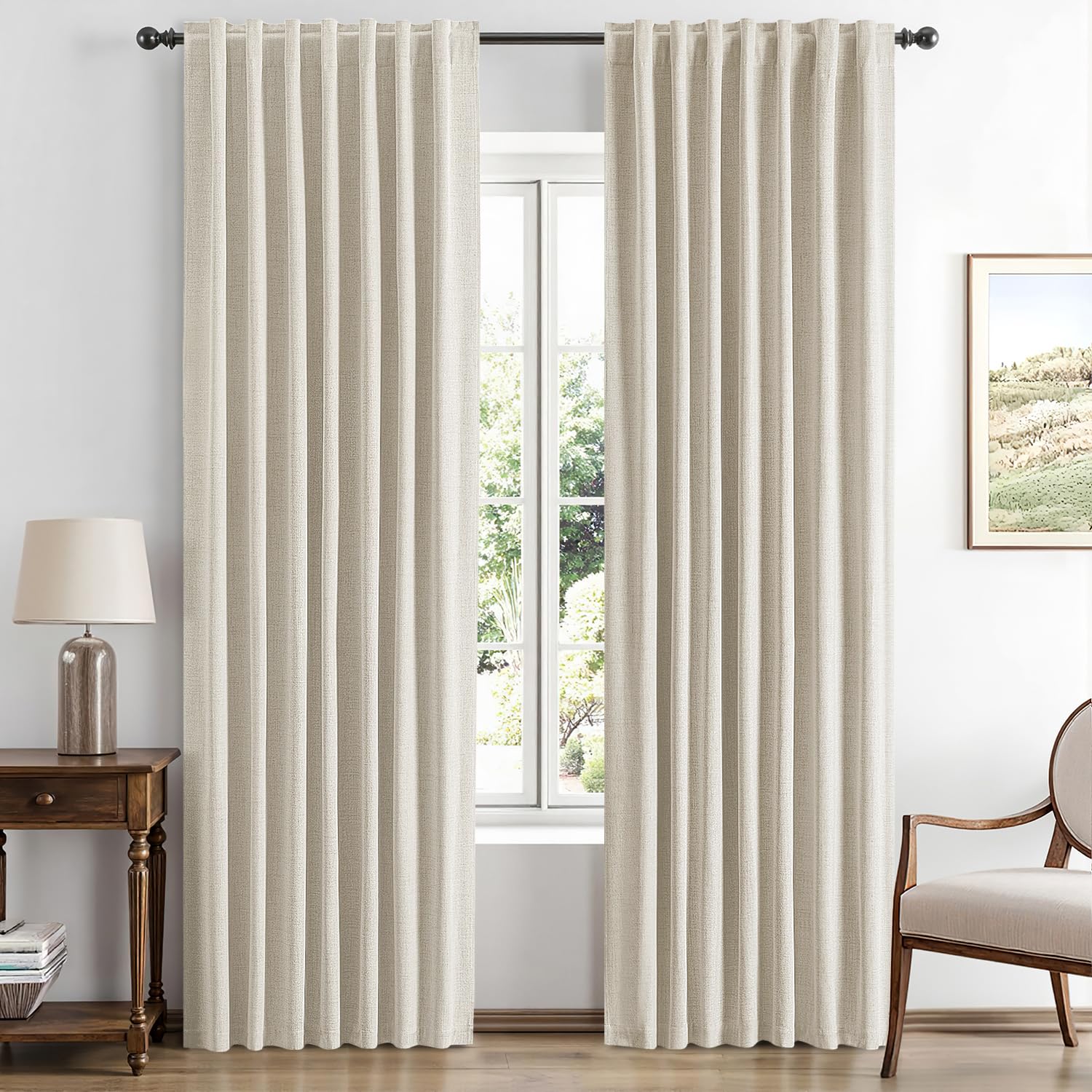 MIULEE 100% Blackout Linen Curtains for Bedroom, Ivory Solid Luxury Decor Thermal Insulation Room Darkening Drapes for Living Room Nursery Back Tab Rod Pocket 42 x 84 Inches, 2 Panels