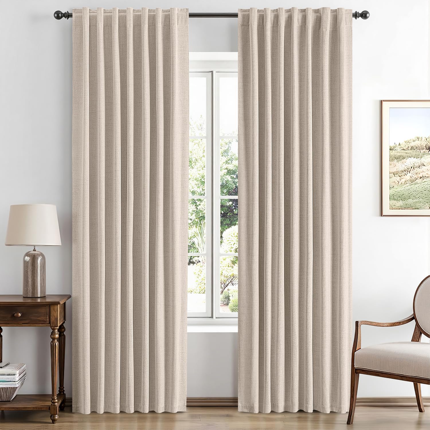 MIULEE 100% Blackout Linen Curtains for Bedroom, Ivory Solid Luxury Decor Thermal Insulation Room Darkening Drapes for Living Room Nursery Back Tab Rod Pocket 42 x 84 Inches, 2 Panels