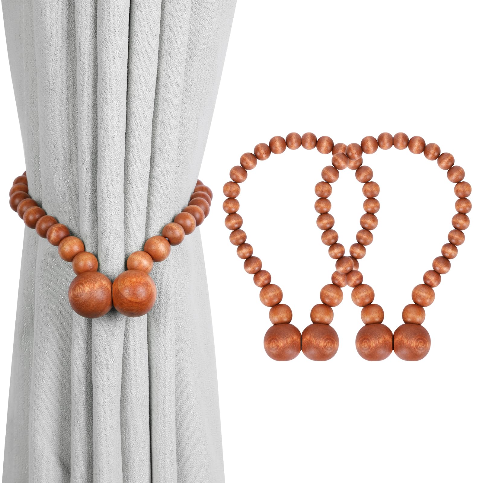 KLOGTSIND Magnetic Curtain Tiebacks, Curtain Holdbacks for Curtains 2 Pack, Wood Bead Curtain Holders for Boho Bedroom Decor, Baby Nursery Decor, Farmhouse Decor