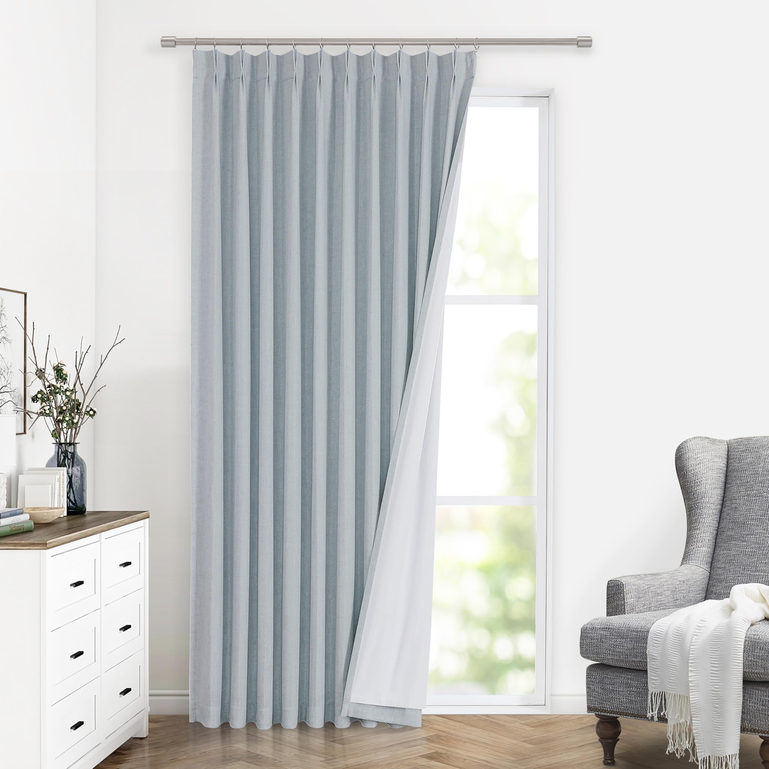 Vision Home Natural Pinch Pleated Full Blackout Curtains Linen Blended Room Darkening Window Curtains 90 inch for Living Room Bedroom Thermal Insulated Pinch Pleat Drapes with Hooks 2 Panel 40"Wx90"L