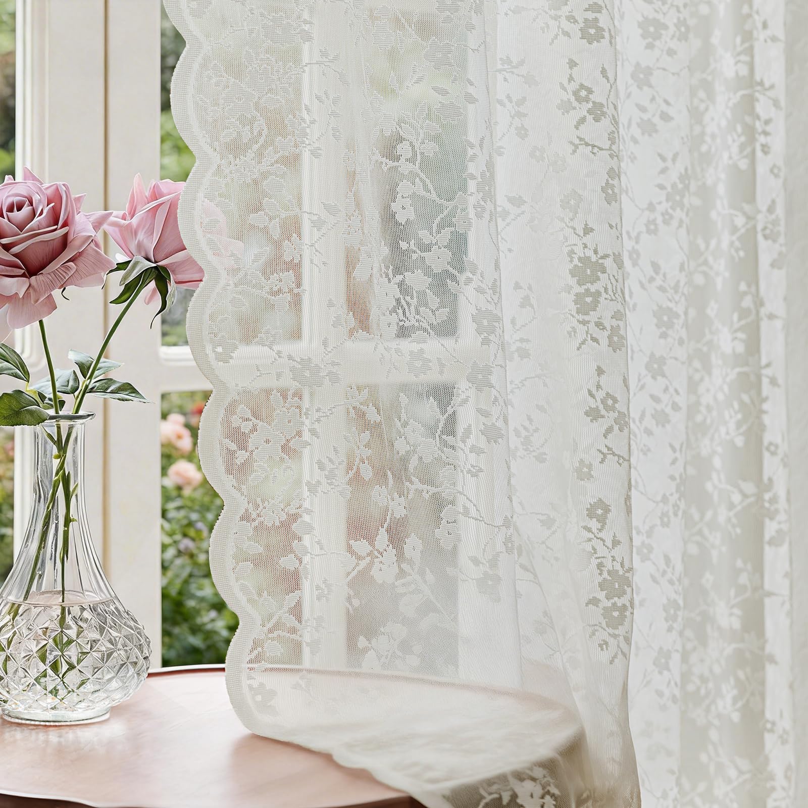 Anmao Vintage Lace Sheer Curtains 96 Inches Long - Romantic Floral Semi-Sheer Voile Panels for Living Room & Bedroom, Rod Pocket Light Filtering Drapes, Set of 2 Panels (52" W x 96" L), White