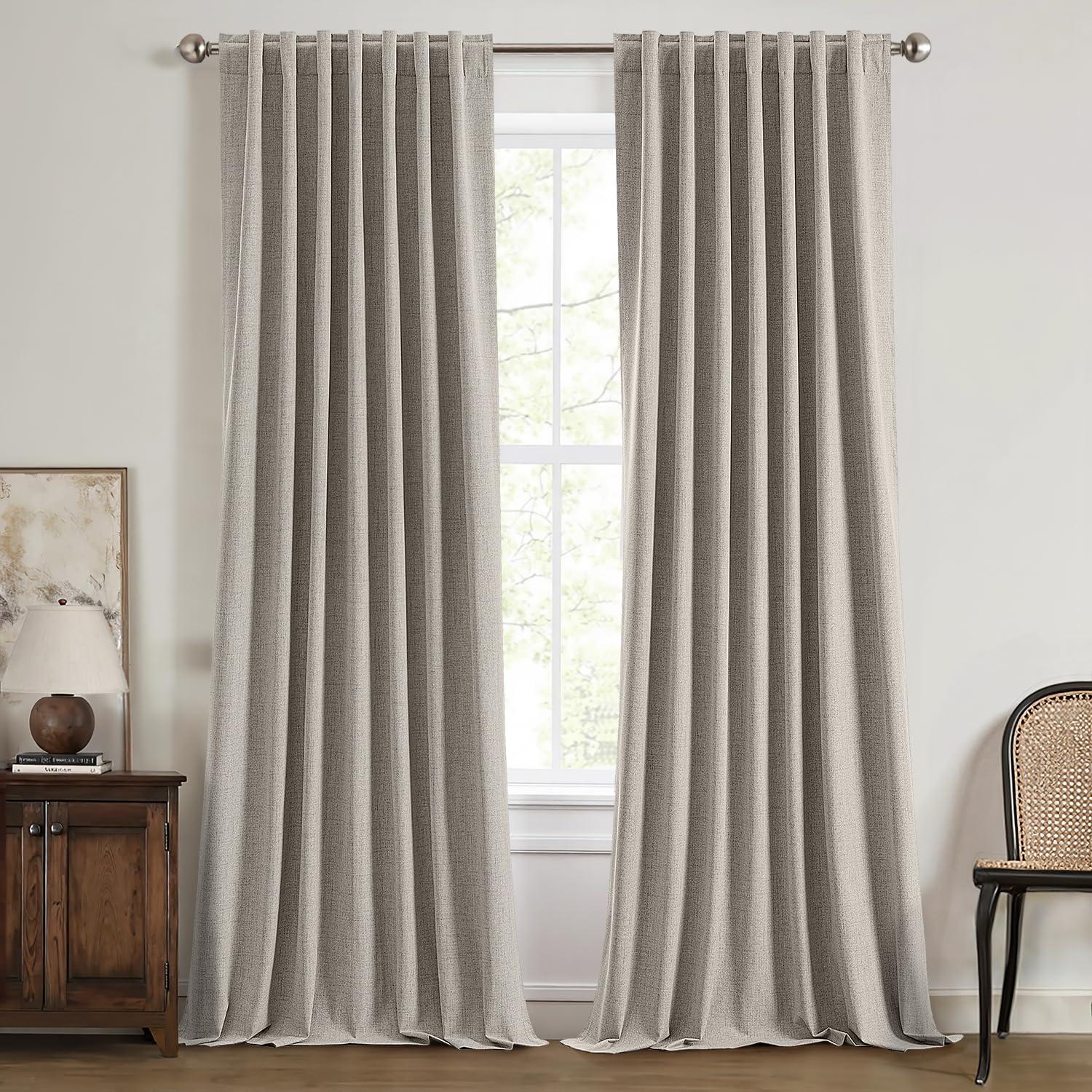 MIULEE 100% Blackout Linen Curtains for Bedroom, Ivory Solid Luxury Decor Thermal Insulation Room Darkening Drapes for Living Room Nursery Back Tab Rod Pocket 42 x 84 Inches, 2 Panels
