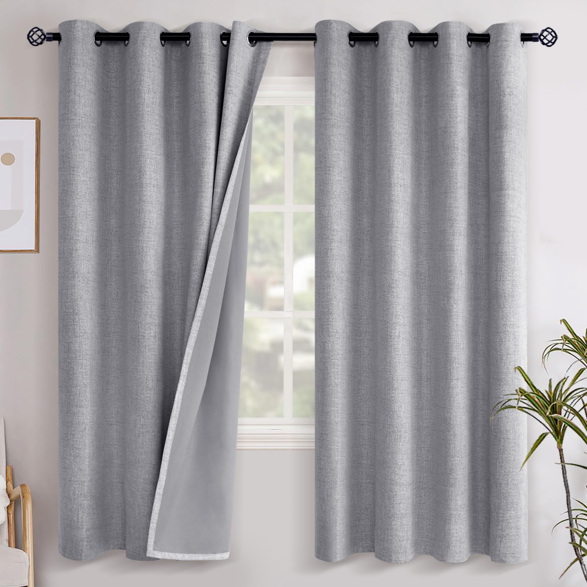 YoungsTex Linen Blackout Curtains 63 Inch Length for Bedroom, Room Darkening Window Drapes with Grommet Thermal Insulated Black Out Blinds for Living Room, 2 Panels, 52 X 63 Inch, Beige