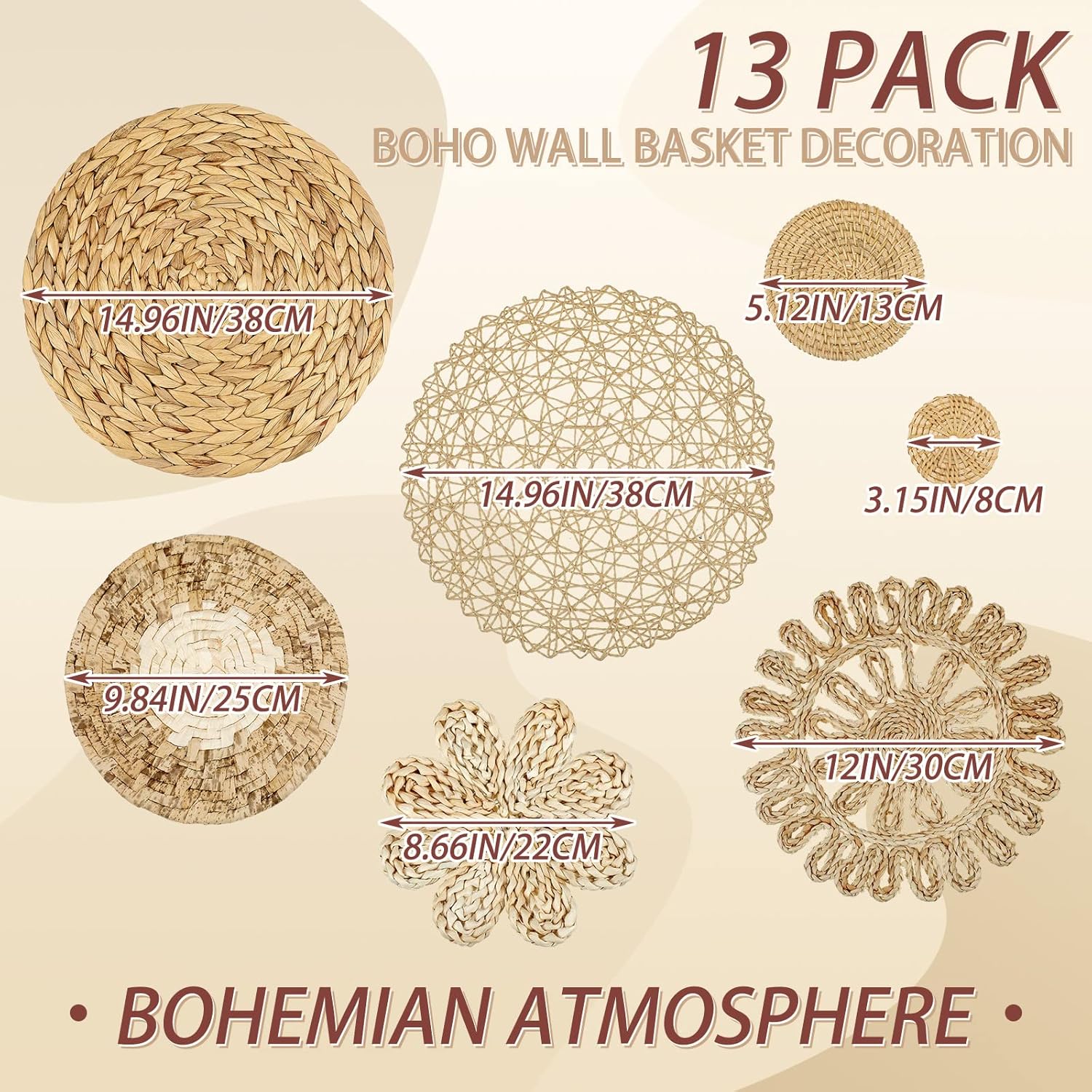 Glenmal Set of 13 Boho Wall Basket Decor Woven Rattan Flat Baskets Handmade Boho Wicker Bamboo Seagrass Wall Hanging Decor for Bedroom Living Room Dining Room Office Ready to Hang(Plain)