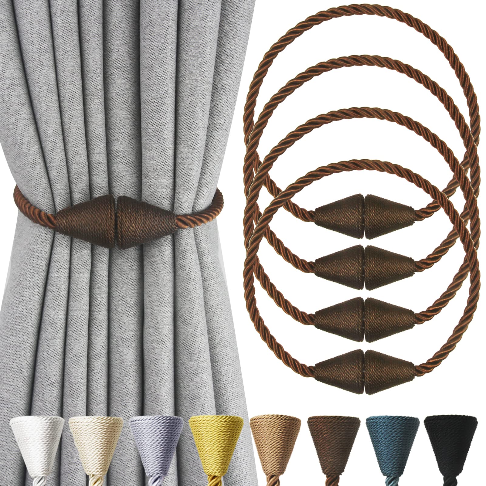 2 Pack Magnetic Curtain Tiebacks Rope Modern Handmade Curtain Tie Backs Decorative Drapes Weave Holdbacks for Window Décor, Khaki