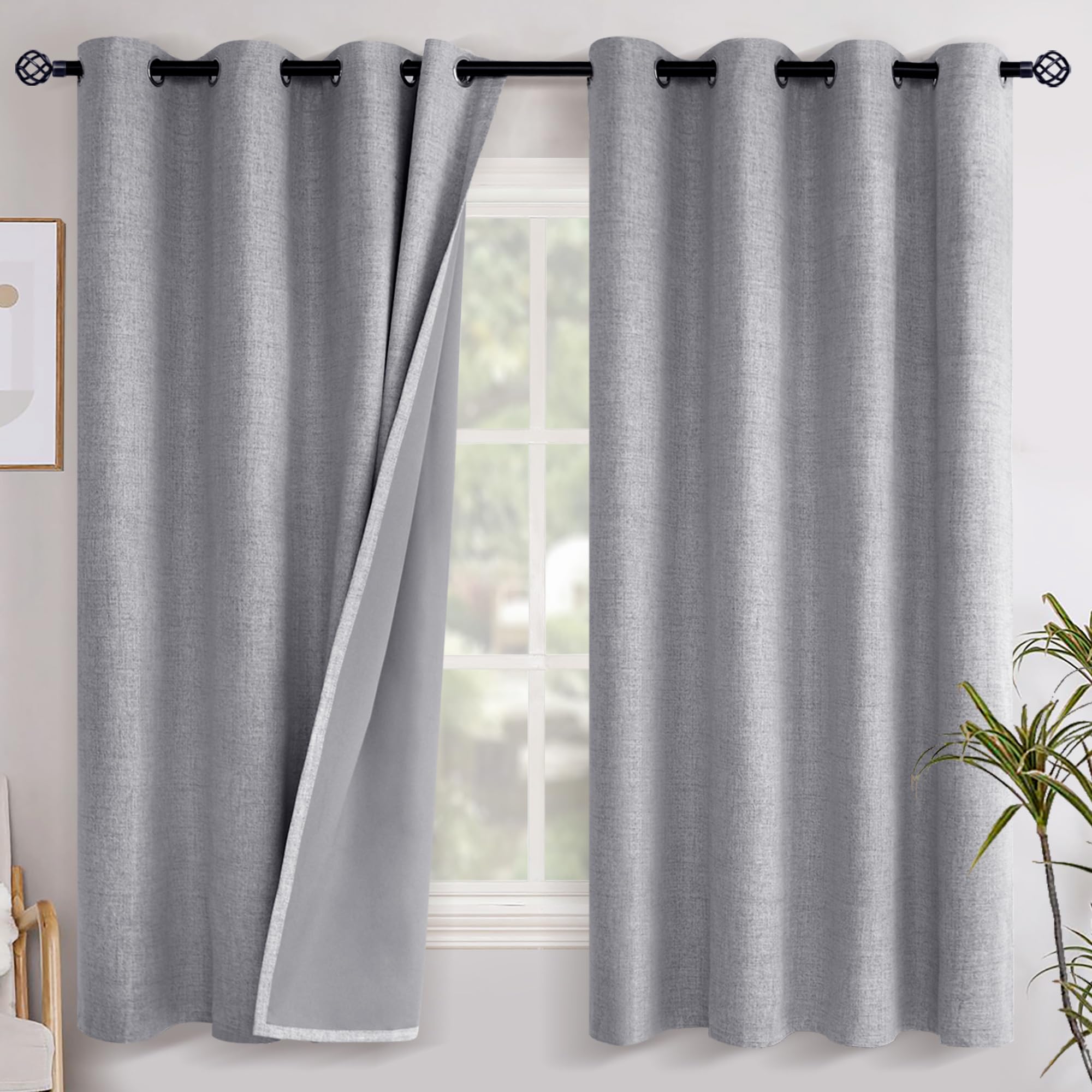 YoungsTex Linen Blackout Curtains 63 Inch Length for Bedroom, Room Darkening Window Drapes with Grommet Thermal Insulated Black Out Blinds for Living Room, 2 Panels, 52 X 63 Inch, Beige