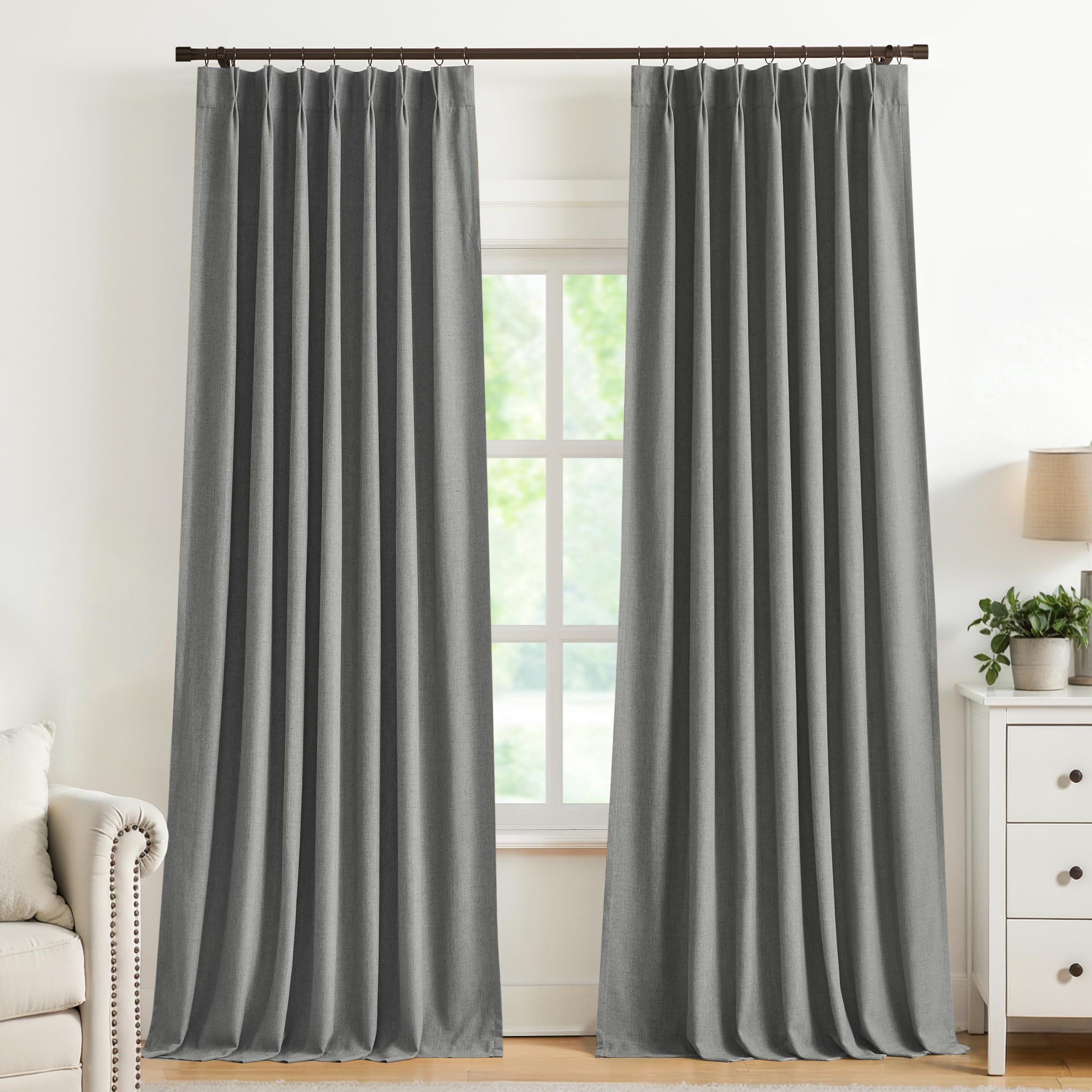 Vision Home Natural Pinch Pleated Full Blackout Curtains Linen Blended Room Darkening Window Curtains 90 inch for Living Room Bedroom Thermal Insulated Pinch Pleat Drapes with Hooks 2 Panel 40"Wx90"L