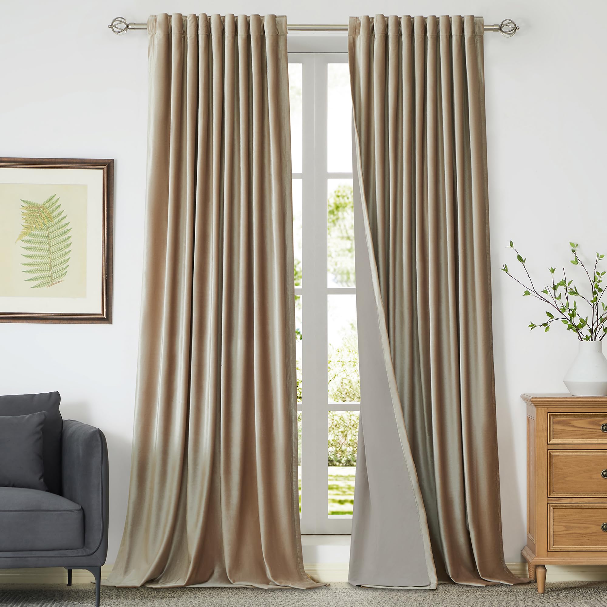 100% Blackout Ivory Off White Velvet Curtains 84 inch Long for Living Room,Set of 2 Panels Liner Rod Pocket Back Tab Thermal Window Drapes Room Darkening Heavy Decorative Curtains for Bedroom
