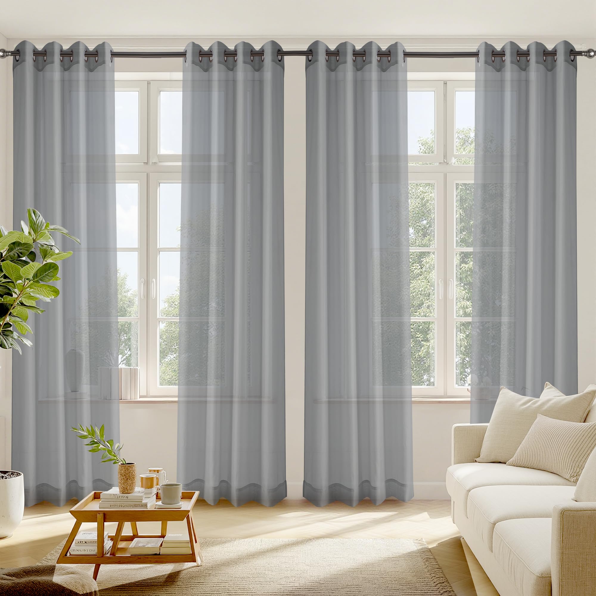 RYB HOME White Sheer Curtains 96 inches Long 4 Panels Set for Living Room, Light Filtering Voile Window Drapes with Grommet for Bedroom, W 54" x L 96"