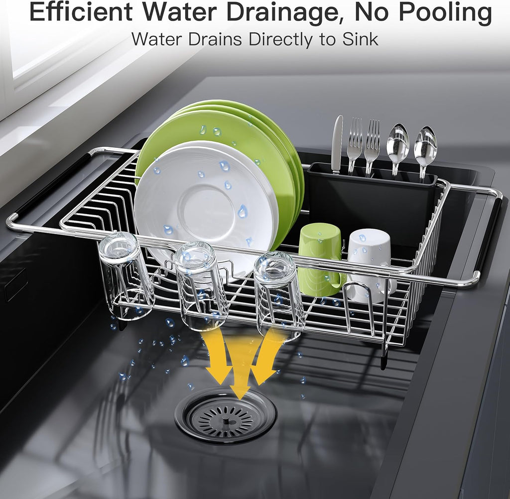 JASIWAY Dish Drying Rack in Sink, Expandable Stainless Steel Dish Drainers for Kitchen Counter, Dish Dryer Rack for Inside Sink, Over The Sink Dish Racks with Utensil Holder, Silver