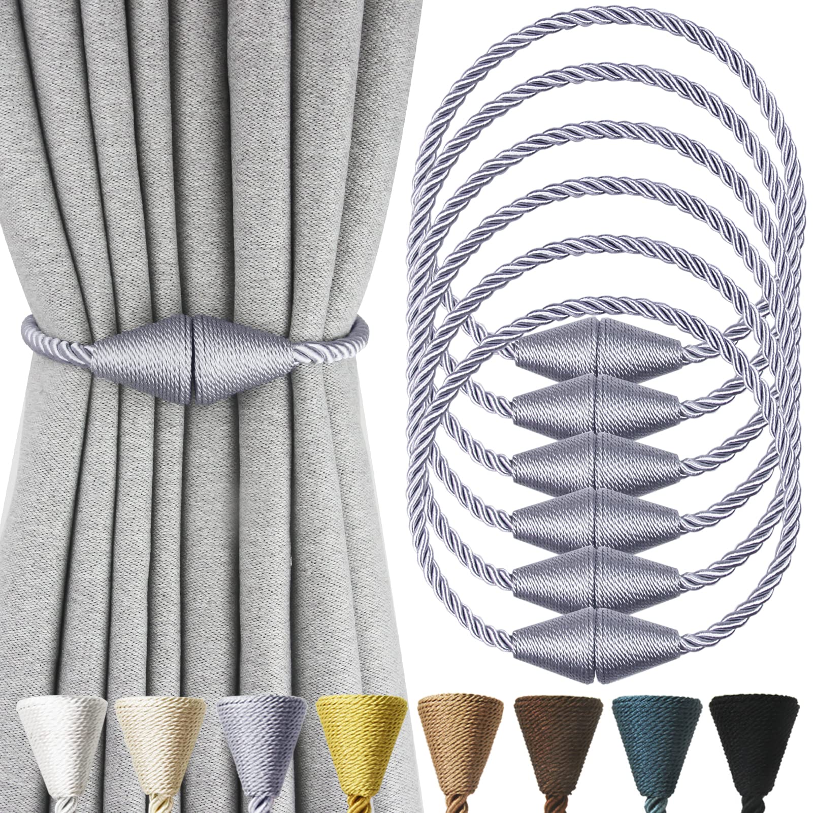 2 Pack Magnetic Curtain Tiebacks Rope Modern Handmade Curtain Tie Backs Decorative Drapes Weave Holdbacks for Window Décor, Khaki