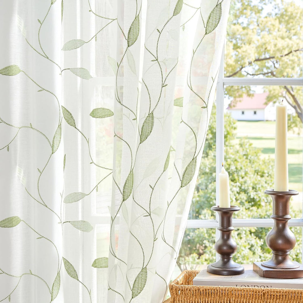 Lazzzy Sheer Curtains Embroidered Floral Leaf Voile Drapes for Bedroom Living Room Back Tabs Window Treatments 2 Panels 84 Inches Green on White