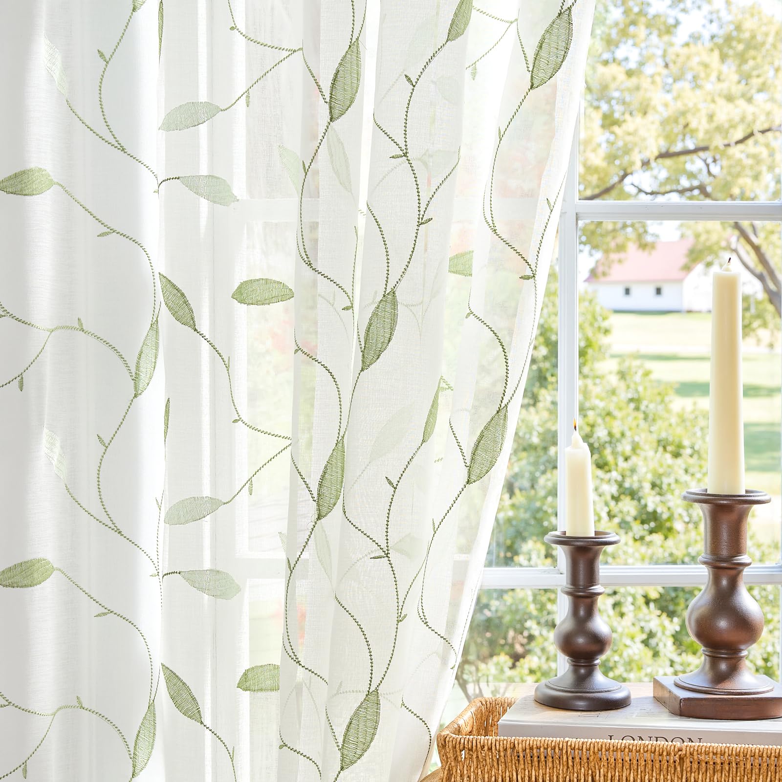Lazzzy Sheer Curtains Embroidered Floral Leaf Voile Drapes for Bedroom Living Room Back Tabs Window Treatments 2 Panels 84 Inches Green on White