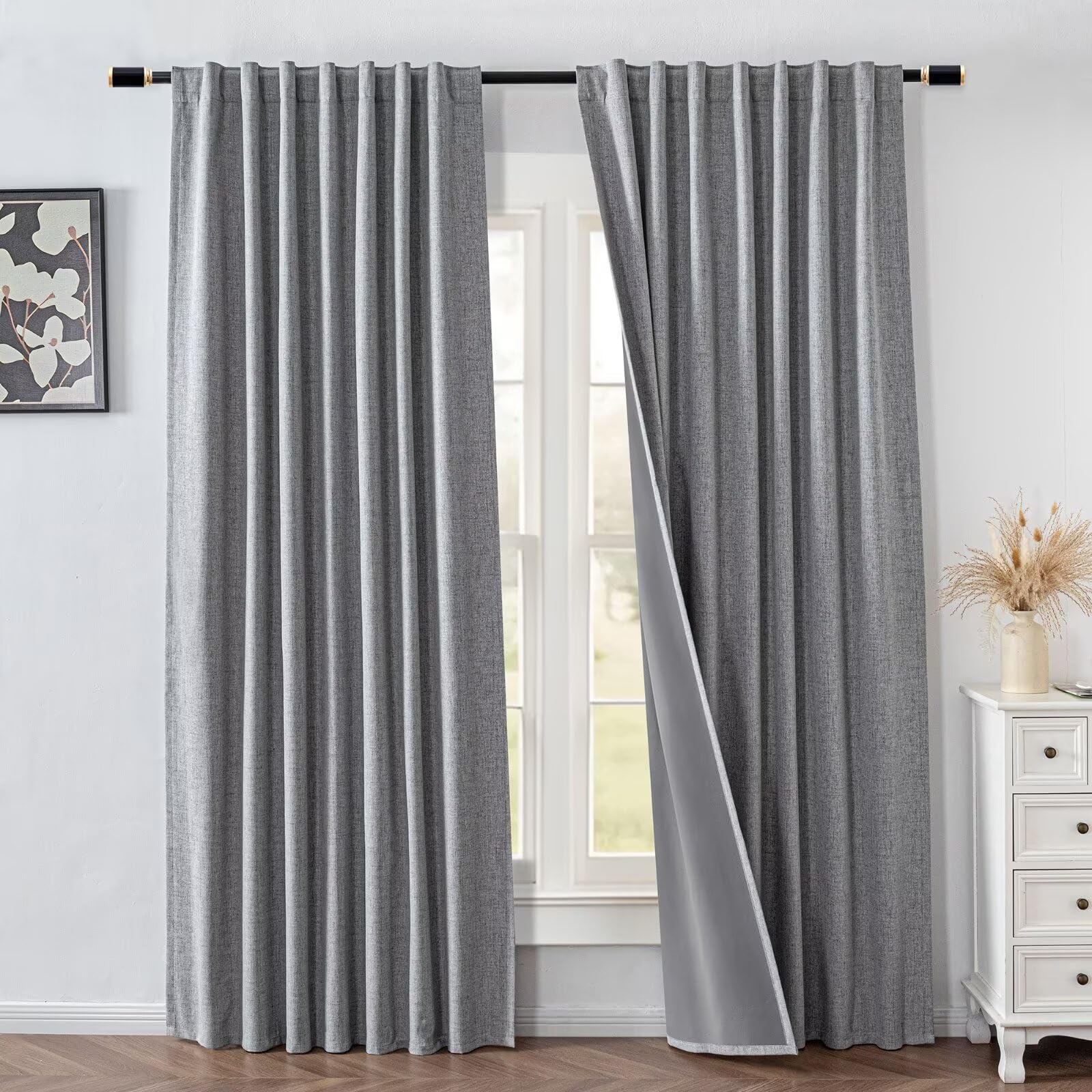 IGEMAEVE Black 100% Blackout Curtains 84 Inch Length 2 Panels Set, Black Out Curtains for Bedroom 84 Inch Long, Rod Pocket Energy Saving Room Darkening Drapes for Living Room Dining Room Window