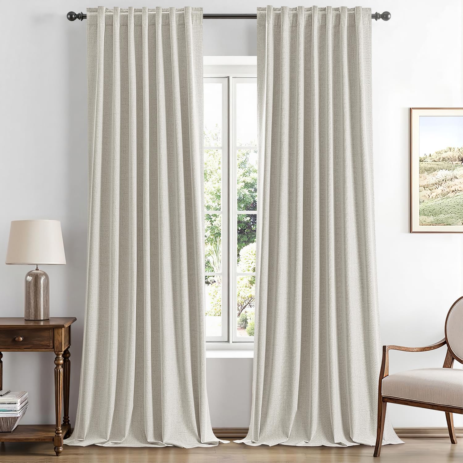 MIULEE 100% Blackout Linen Curtains for Bedroom, Ivory Solid Luxury Decor Thermal Insulation Room Darkening Drapes for Living Room Nursery Back Tab Rod Pocket 42 x 84 Inches, 2 Panels
