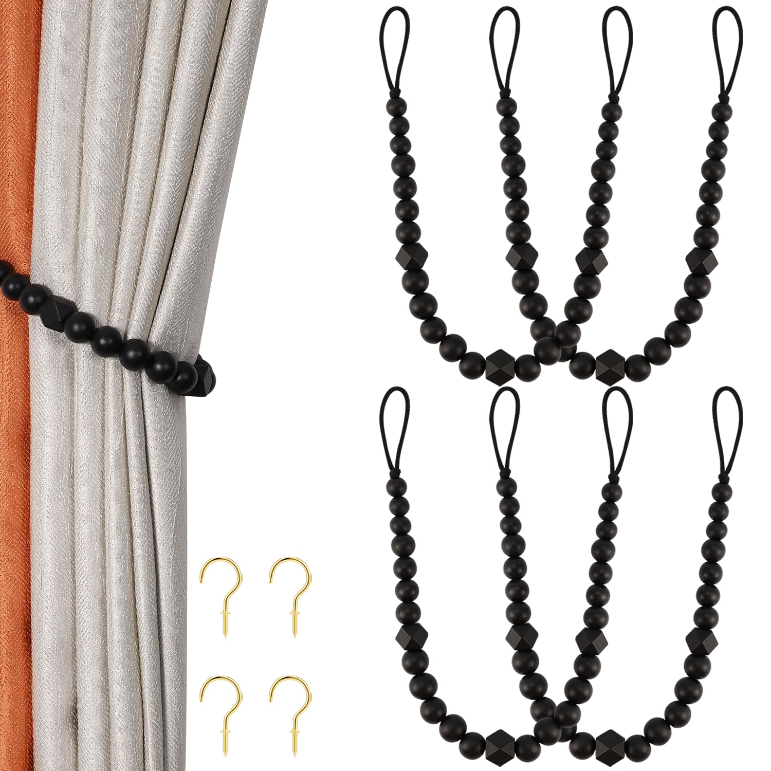 Wood Bead Curtain Tiebacks, KLOGTSIND Set of 2 Curtain Holdbacks for Thin or Thick Window Draperies, Boho Farmhouse Curtain Tiebacks with Hooks, Curtain Tie Backs for Home Office Room Decor
