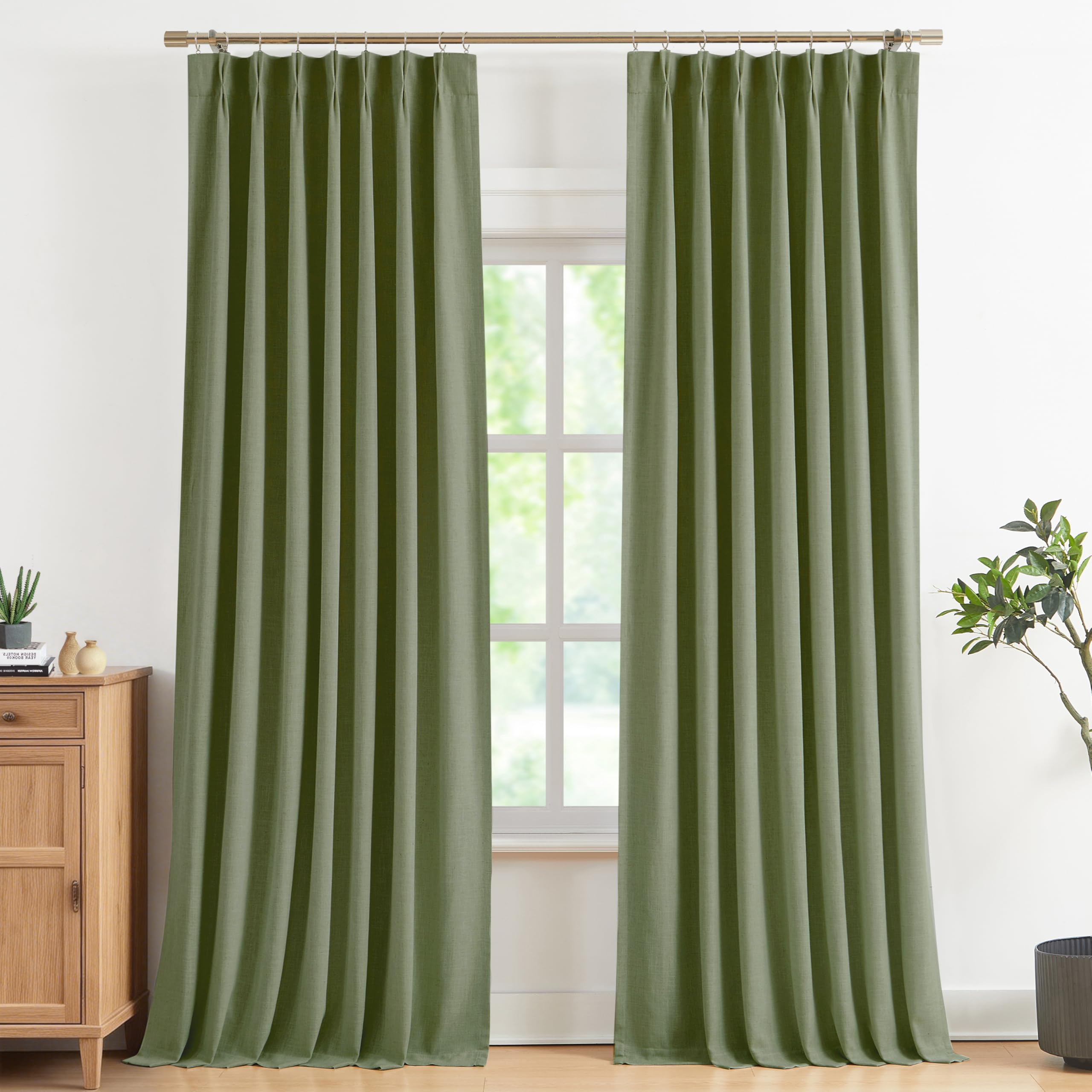 Vision Home Natural Pinch Pleated Full Blackout Curtains Linen Blended Room Darkening Window Curtains 90 inch for Living Room Bedroom Thermal Insulated Pinch Pleat Drapes with Hooks 2 Panel 40"Wx90"L