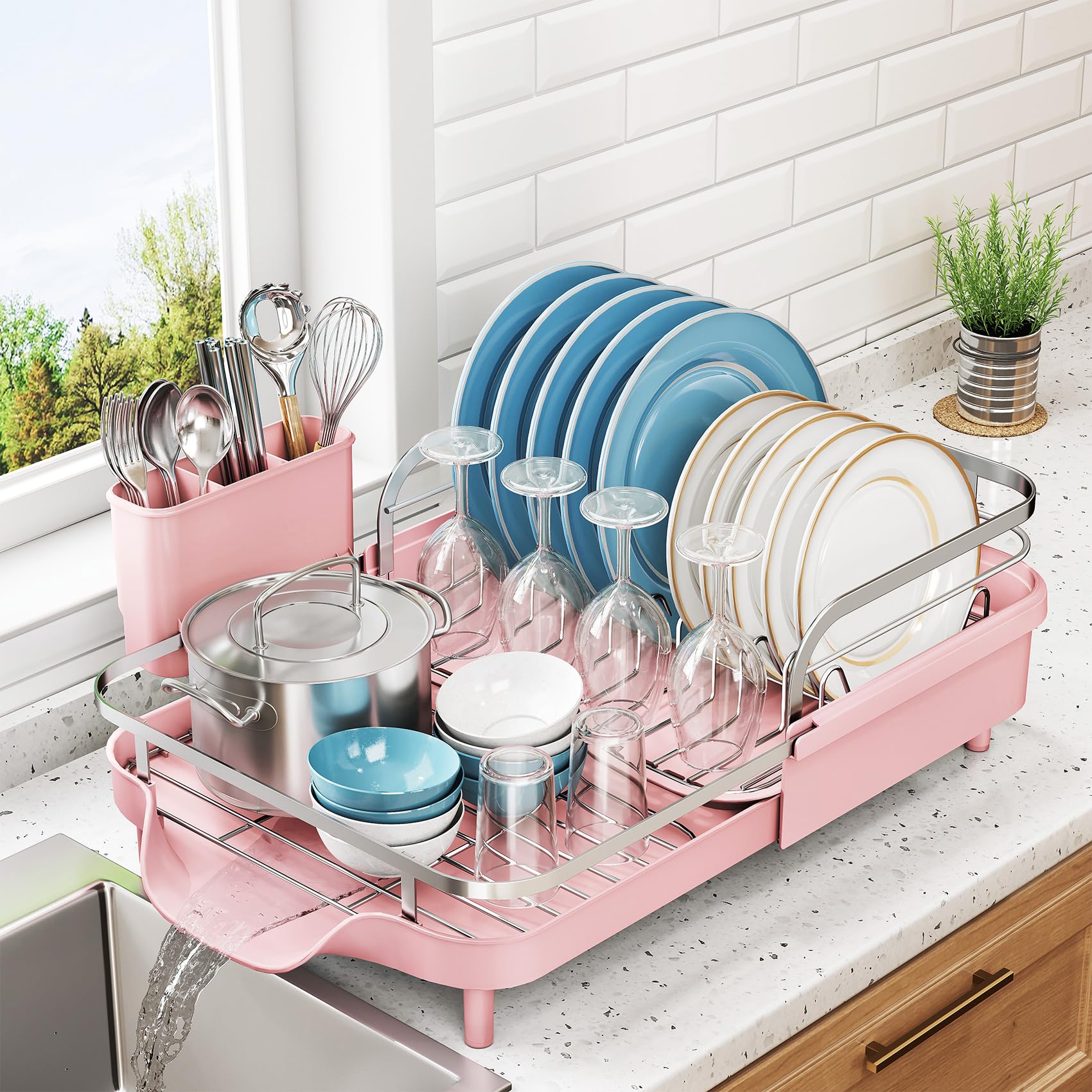 SNTD Dish Drying Rack, Expandable Dish Rack for Kitchen Counter, Stainless Steel Dish Drainer with Drainboard Set and Utensil Holder (Black)