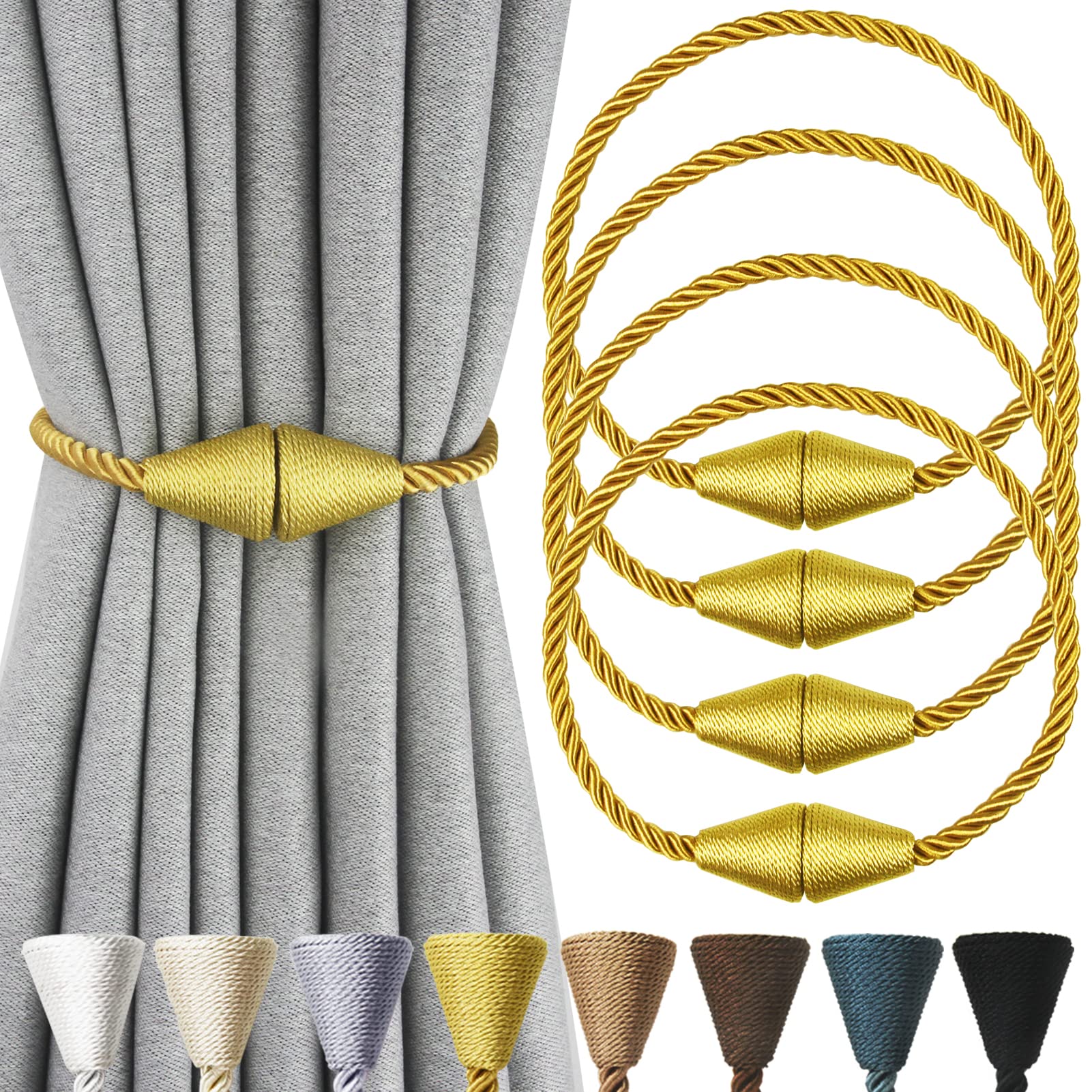 2 Pack Magnetic Curtain Tiebacks Rope Modern Handmade Curtain Tie Backs Decorative Drapes Weave Holdbacks for Window Décor, Khaki