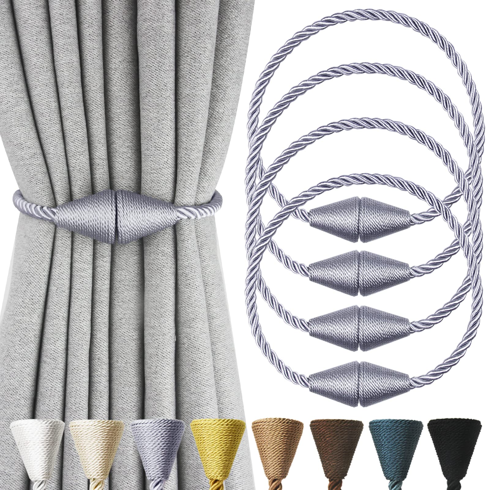 2 Pack Magnetic Curtain Tiebacks Rope Modern Handmade Curtain Tie Backs Decorative Drapes Weave Holdbacks for Window Décor, Khaki