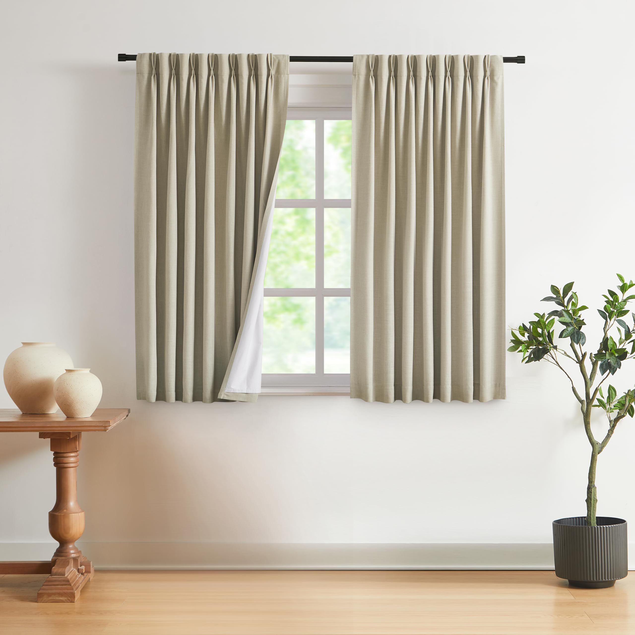 Vision Home Natural Pinch Pleated Full Blackout Curtains Linen Blended Room Darkening Window Curtains 90 inch for Living Room Bedroom Thermal Insulated Pinch Pleat Drapes with Hooks 2 Panel 40"Wx90"L