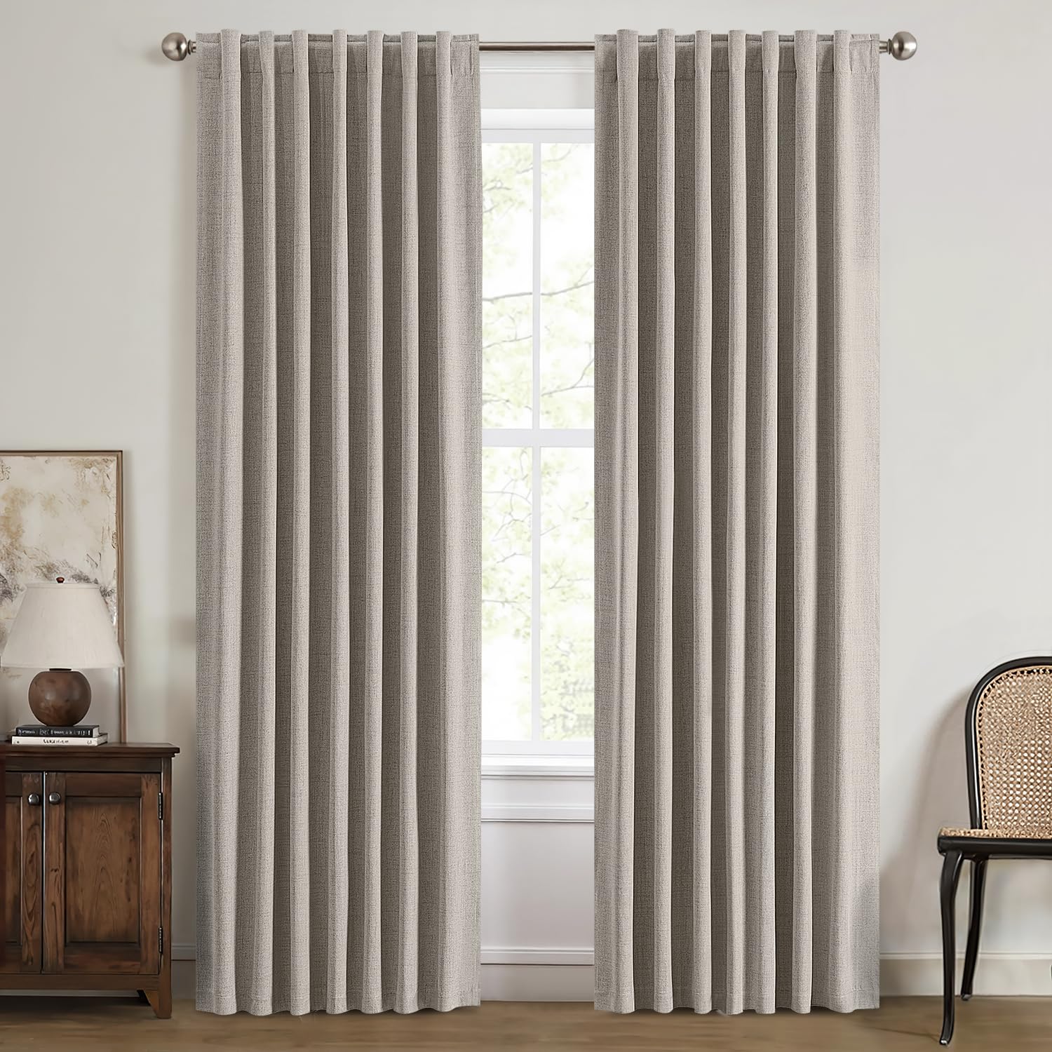 MIULEE 100% Blackout Linen Curtains for Bedroom, Ivory Solid Luxury Decor Thermal Insulation Room Darkening Drapes for Living Room Nursery Back Tab Rod Pocket 42 x 84 Inches, 2 Panels