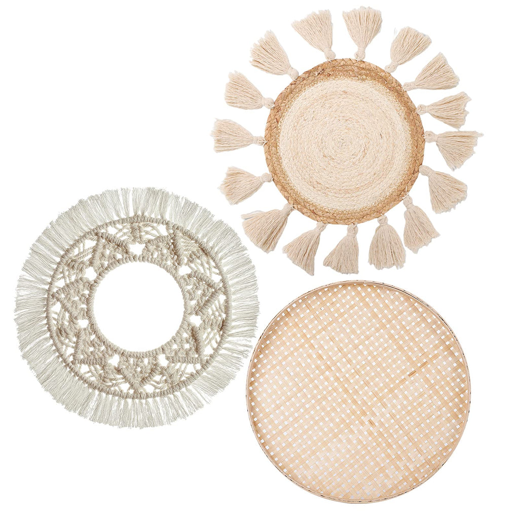 Boho Wall Basket Decor Set of 8 - Flat Woven Basket Wall Hanging Decor,Round Tassels White Macrame Tapestry Wall Decor Art,Handmade Rattan Wicker Seagrass Home Wall Baskets Decor（Boho Classic)