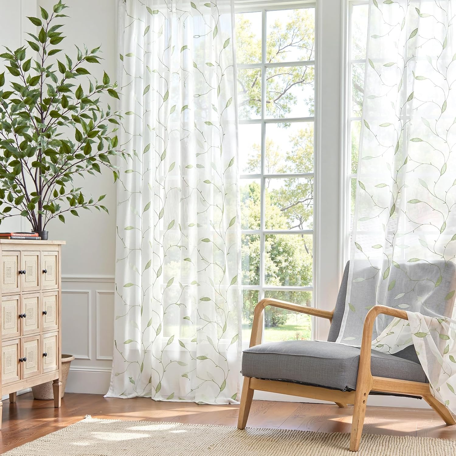 Lazzzy Sheer Curtains Embroidered Floral Leaf Voile Drapes for Bedroom Living Room Back Tabs Window Treatments 2 Panels 84 Inches Green on White