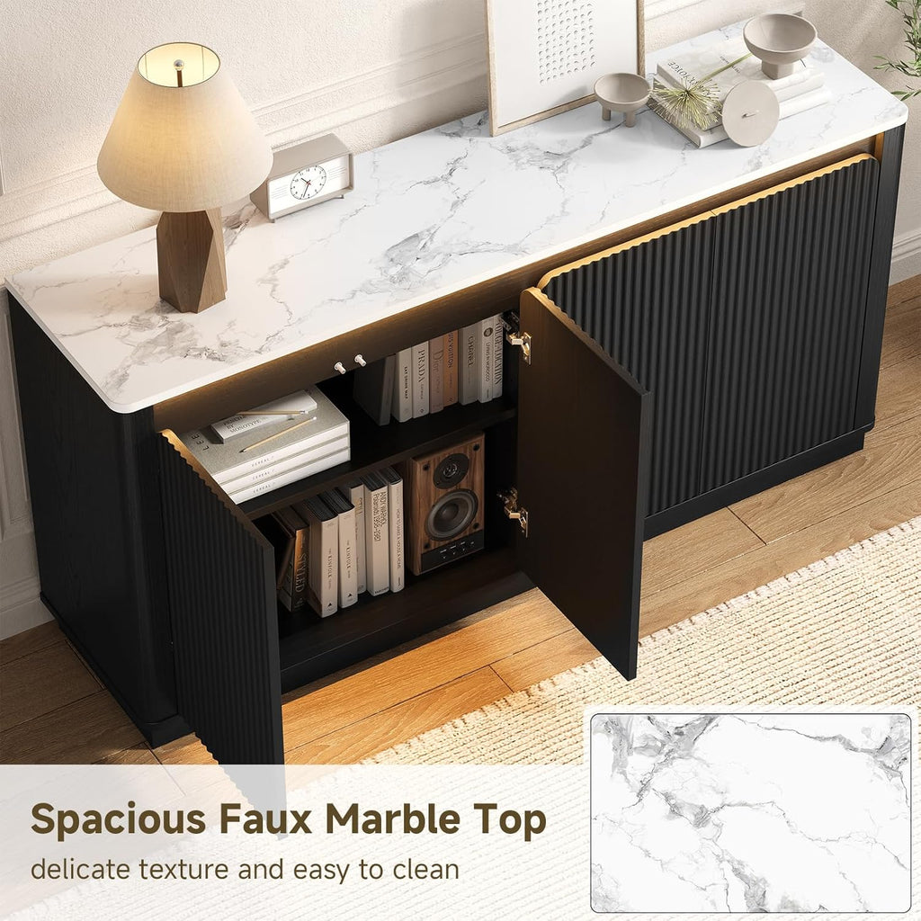 ONBRILL 61" Fluted Buffet Cabinet with Faux Marble Top and LED Light, Curved Sideboard Cabinet with Storage, Coffee Bar with 4 Doors and 2 Adjustable Shelves for Living Room, Kitchen, Entryway (Black)