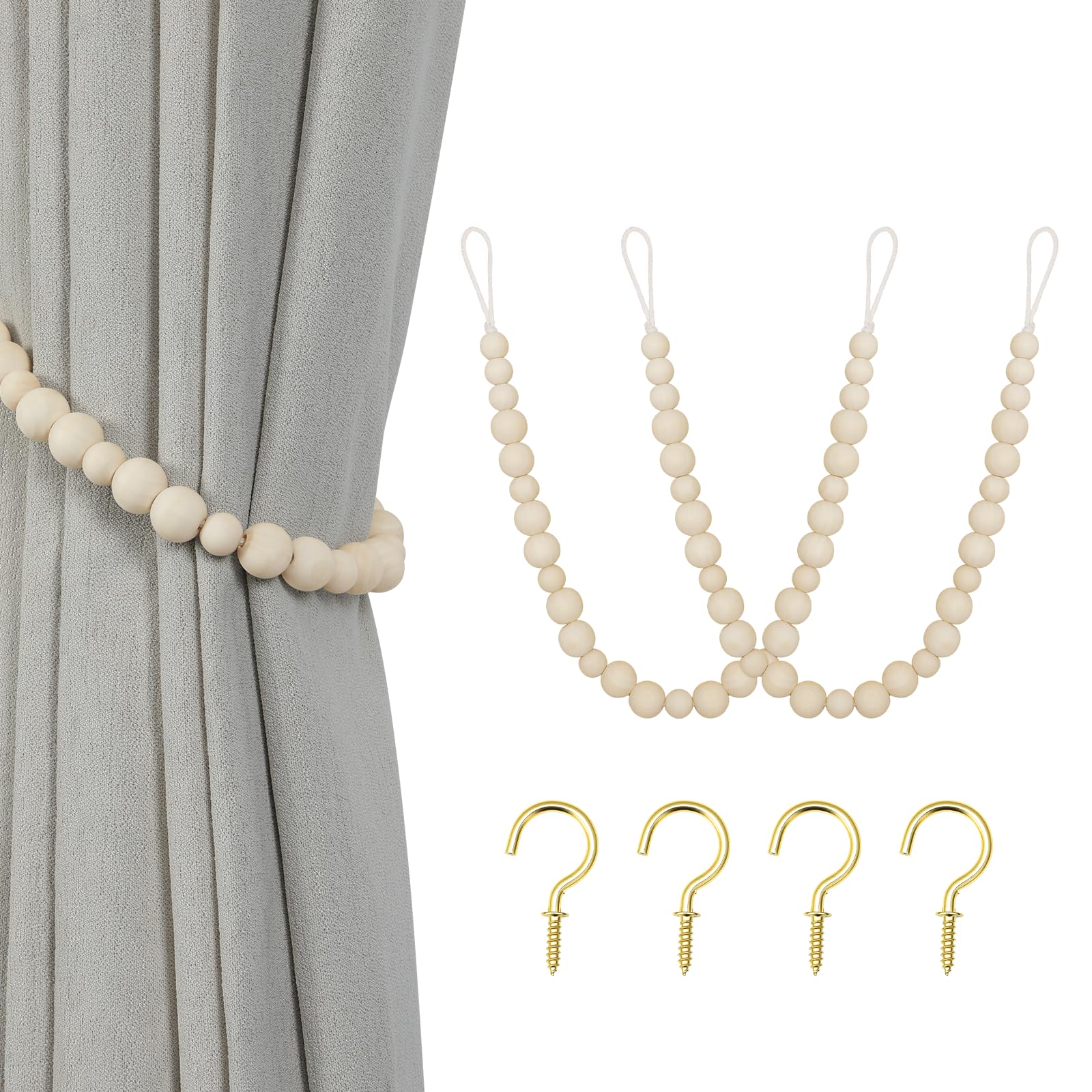 Wood Bead Curtain Tiebacks, KLOGTSIND Set of 2 Curtain Holdbacks for Thin or Thick Window Draperies, Boho Farmhouse Curtain Tiebacks with Hooks, Curtain Tie Backs for Home Office Room Decor