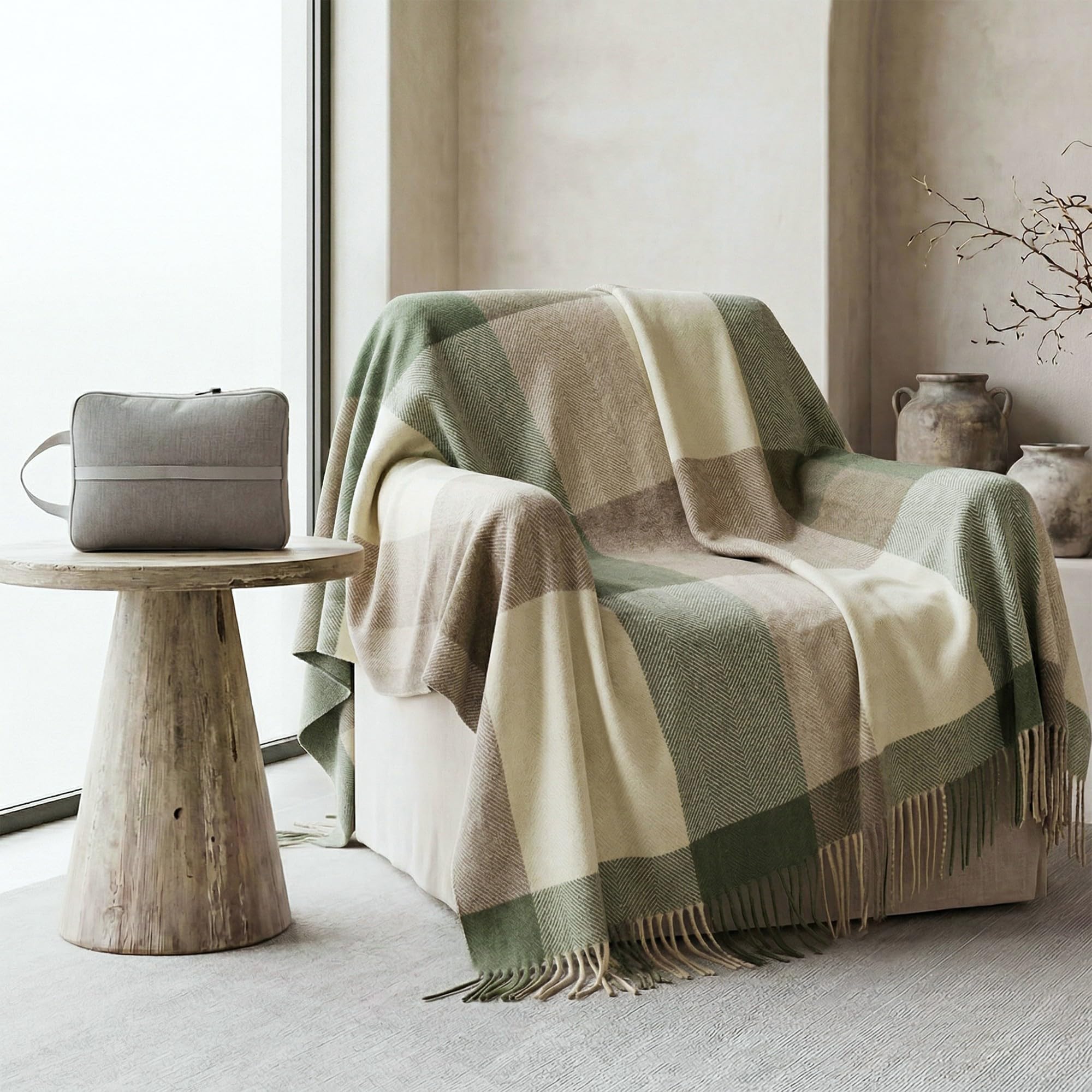 Soft Pure Wool Throw Blanket, Lightweight Warmth, 55"x83", Plaid, Fringe, Compact with Bag, Useful Gift for Women Men, All Season Decorative Cozy Travel Blanket for Couch Bed, Outdoors