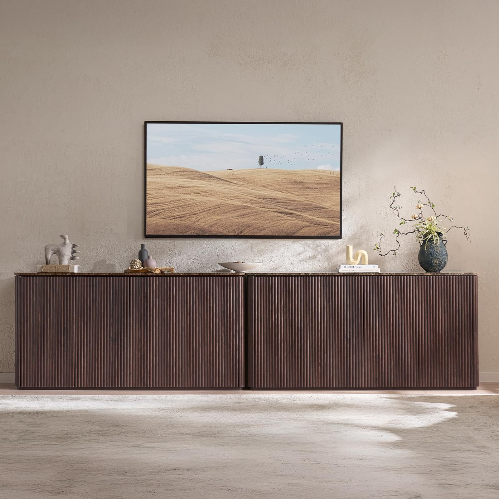 Fluted 4 Doors Sideboard Cabinet with Storage, 64" Wooden Credenza with Shelves, Faux Marble-Top Coffee Bar Console Table, Modern Buffet Cabinet for Dining, Kitchen, Living Room, Entryway, Dark Oak