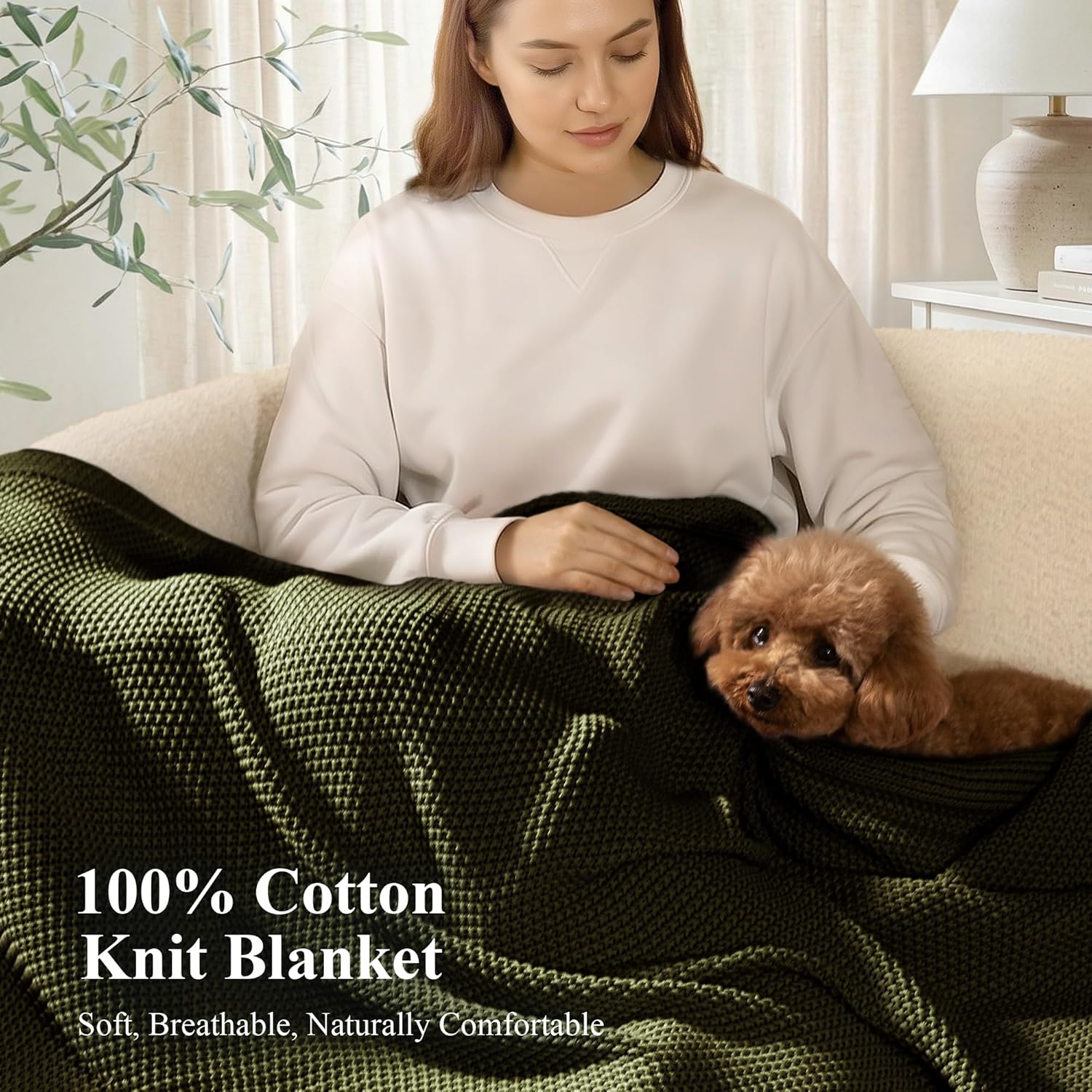 Olive Green Cable Knit Cotton Throw Blanket 50×60 Inch