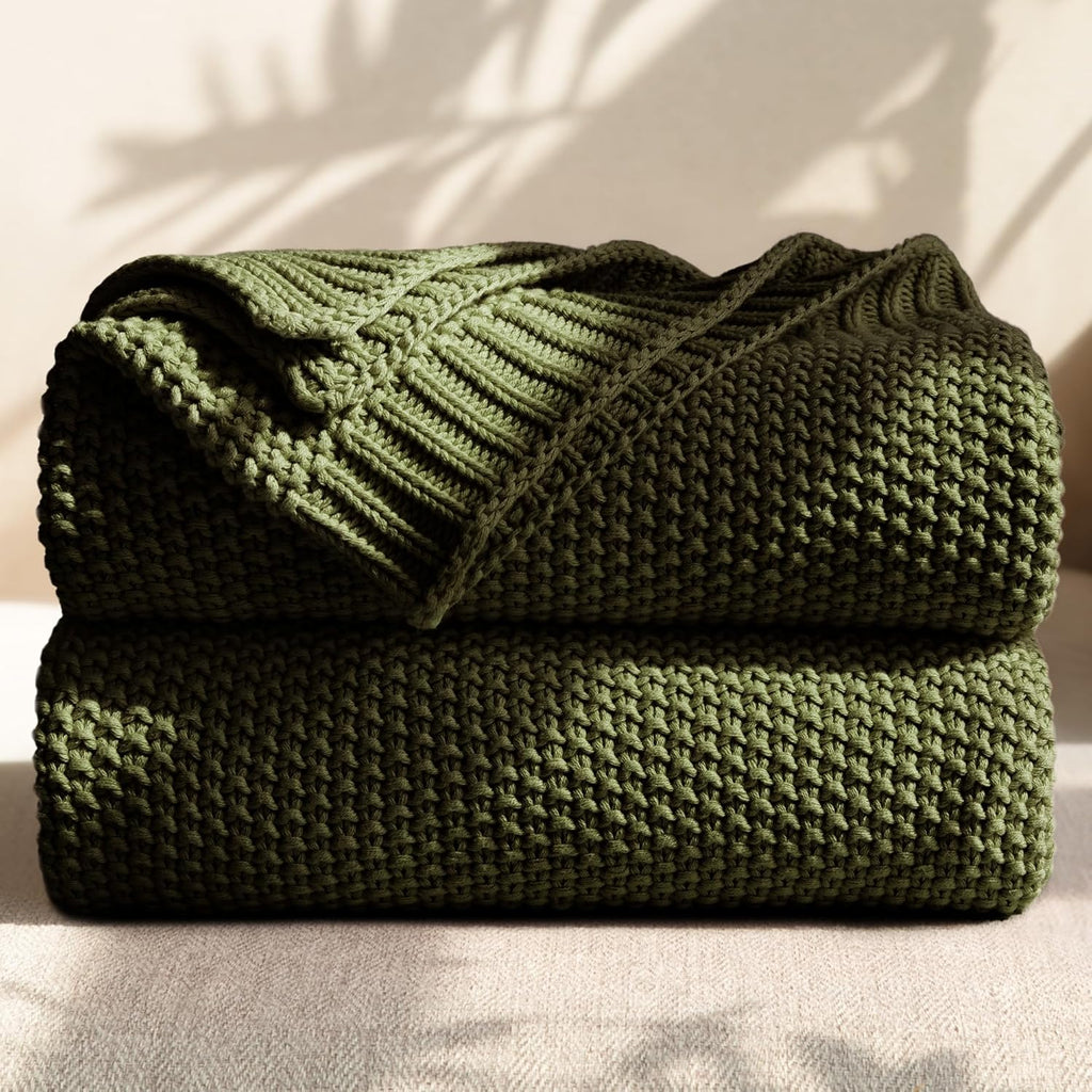 Olive Green Cable Knit Cotton Throw Blanket 50×60 Inch