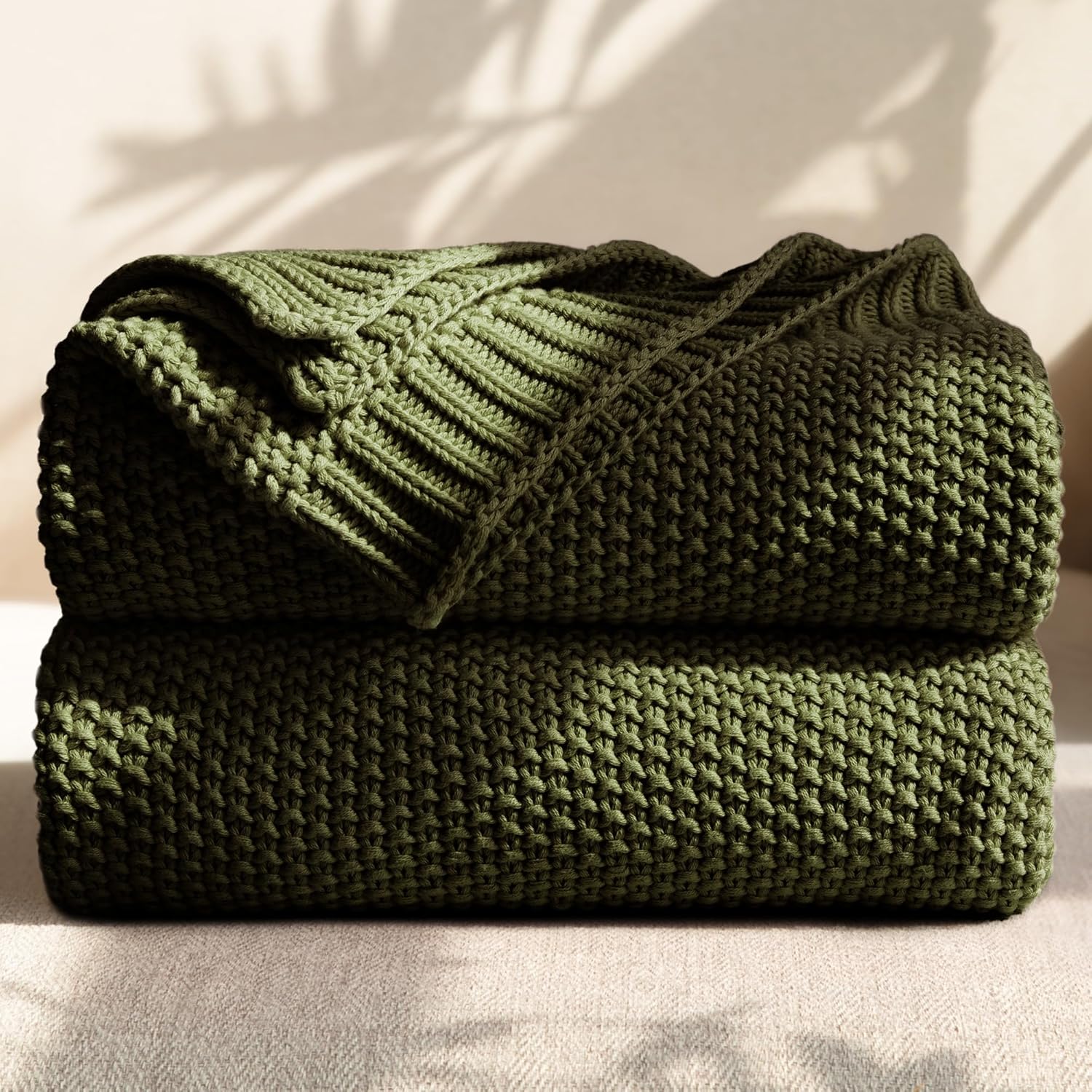 Olive Green Cable Knit Cotton Throw Blanket 50×60 Inch