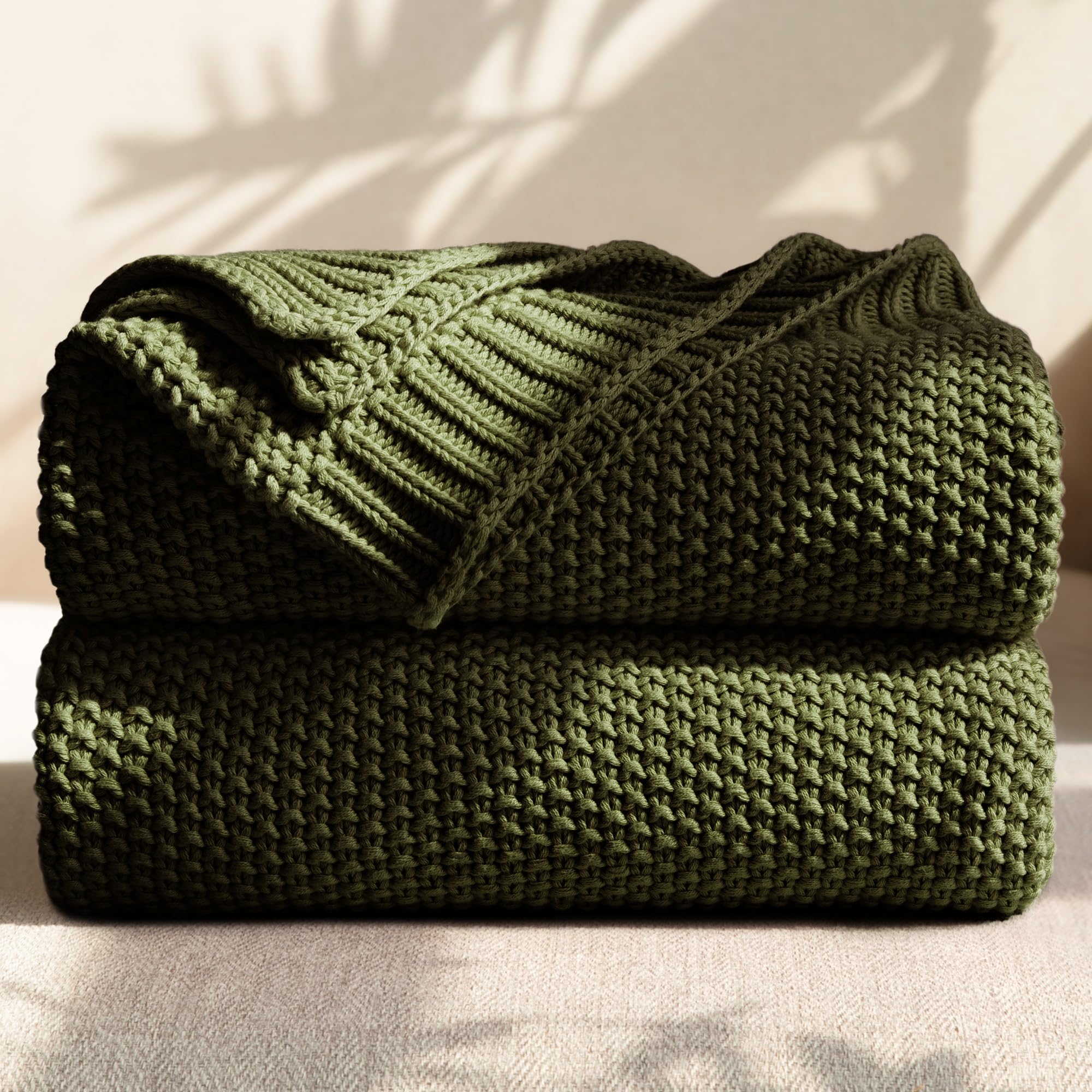 Olive Green Cable Knit Cotton Throw Blanket 50×60 Inch