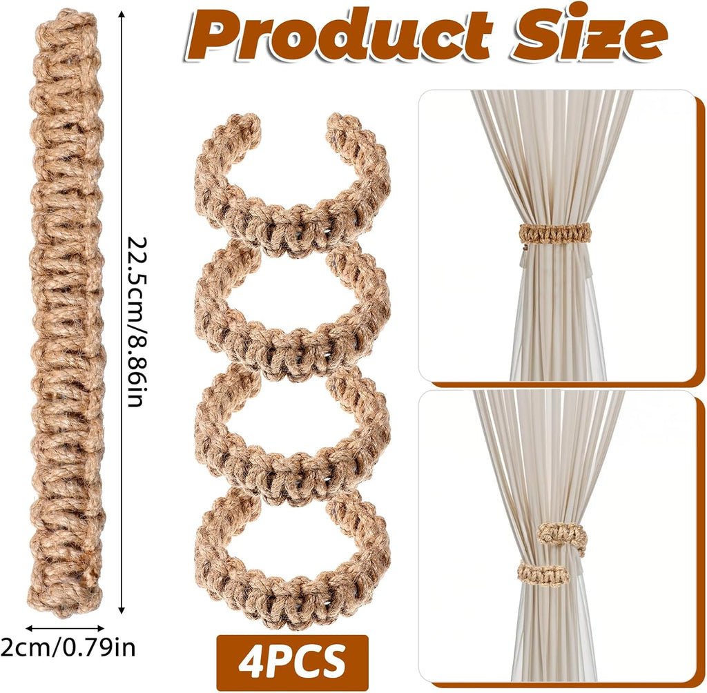 Ptwola 4 Pack Braided Curtain Tiebacks Boho Elegant Rustic Curtain Holdbacks Tie Backs Holders Set Simple Light Weight Drapes Decorative Accessories Handmade for Home Office Bedroom Window (4, Linen)