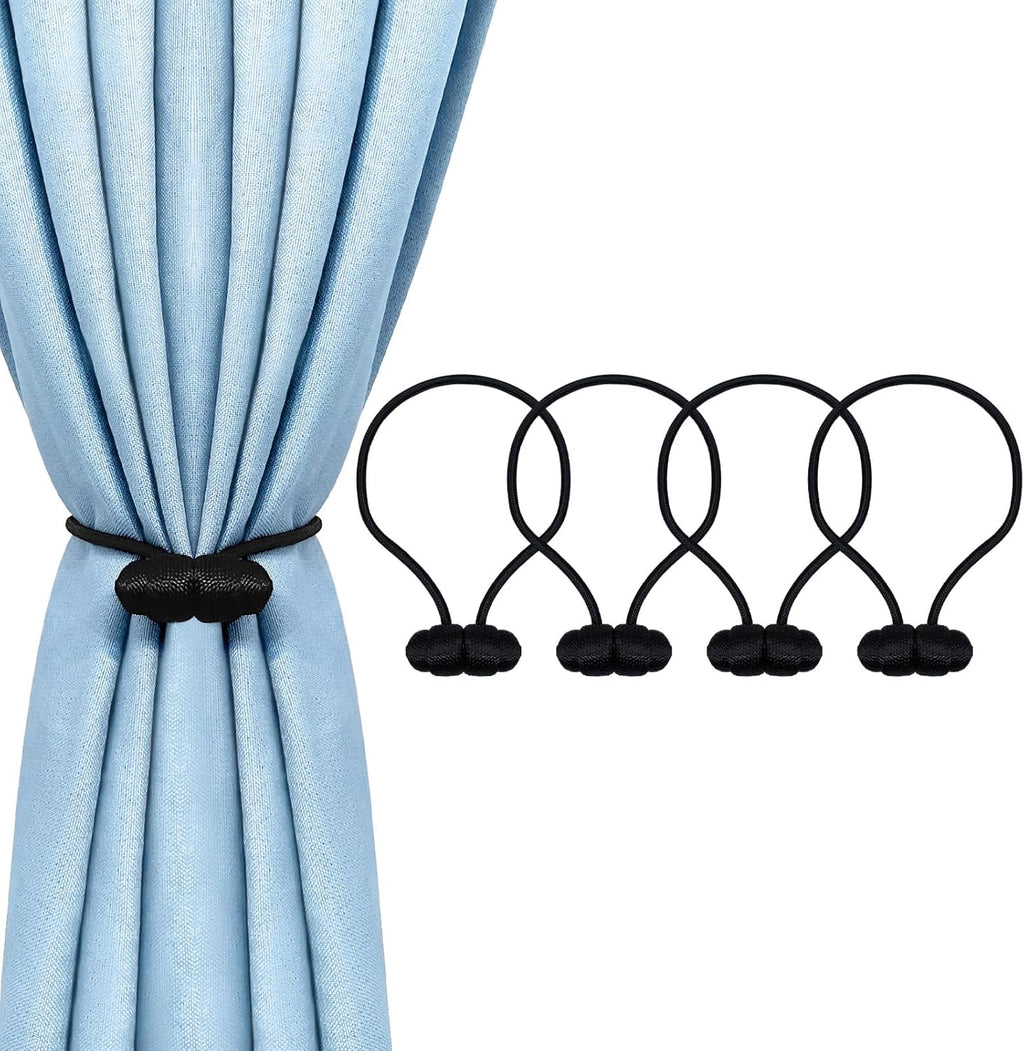 Tifanso Black Magnetic Curtain Tiebacks - 4pcs Decorative Curtain Tie Backs, No Drill Closure Drapery Tiebacks Holdbacks, Boho Drapes Straps Ropes for Bedroom, Bathroom, Farmhouse Decor