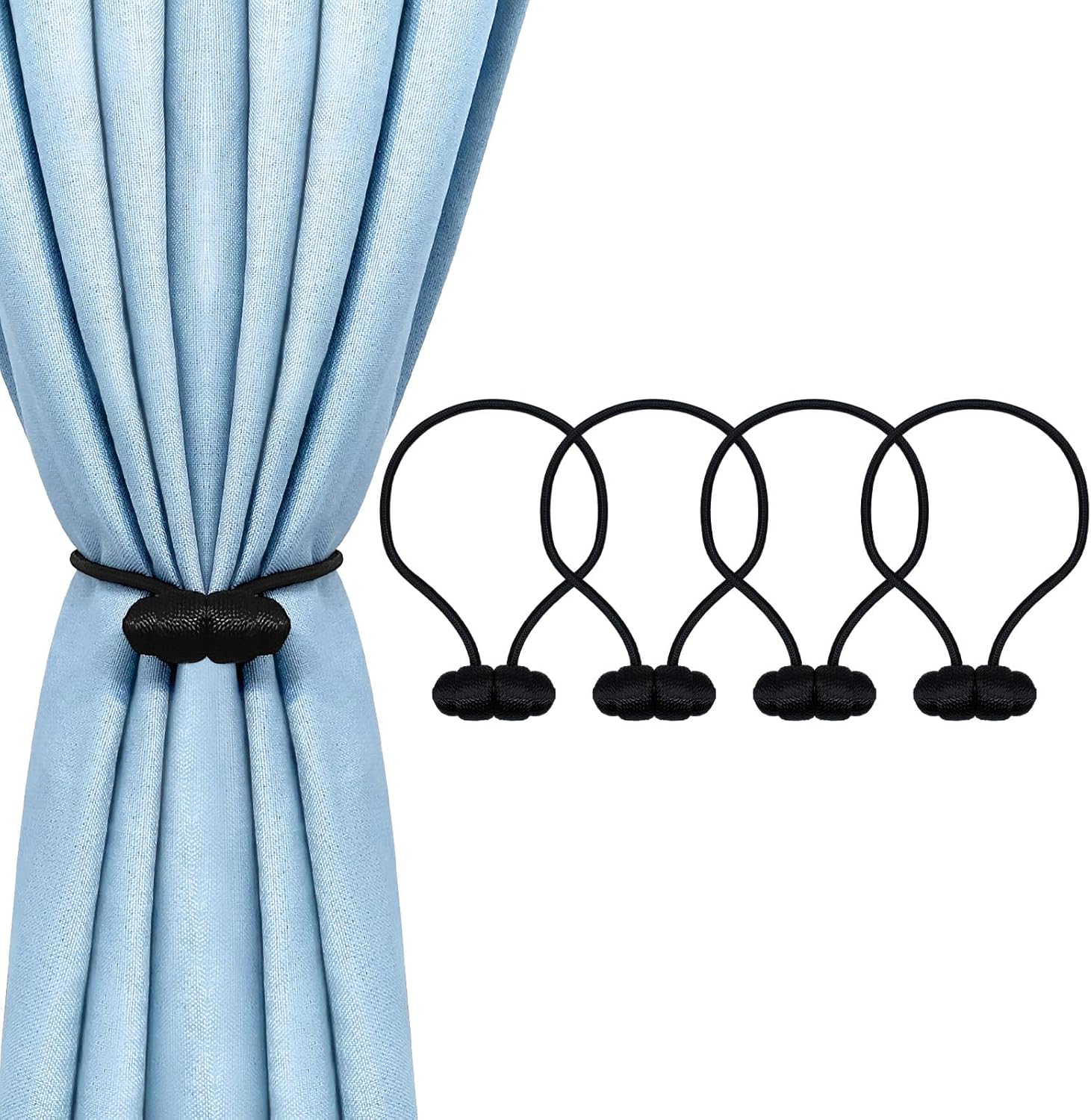 Tifanso Black Magnetic Curtain Tiebacks - 4pcs Decorative Curtain Tie Backs, No Drill Closure Drapery Tiebacks Holdbacks, Boho Drapes Straps Ropes for Bedroom, Bathroom, Farmhouse Decor