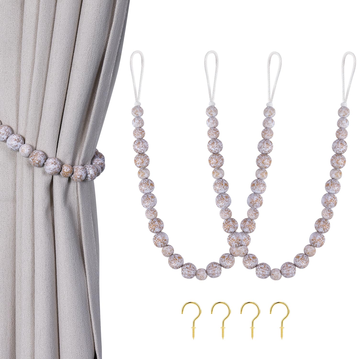 Wood Bead Curtain Tiebacks, KLOGTSIND Set of 2 Curtain Holdbacks for Thin or Thick Window Draperies, Boho Farmhouse Curtain Tiebacks with Hooks, Curtain Tie Backs for Home Office Room Decor
