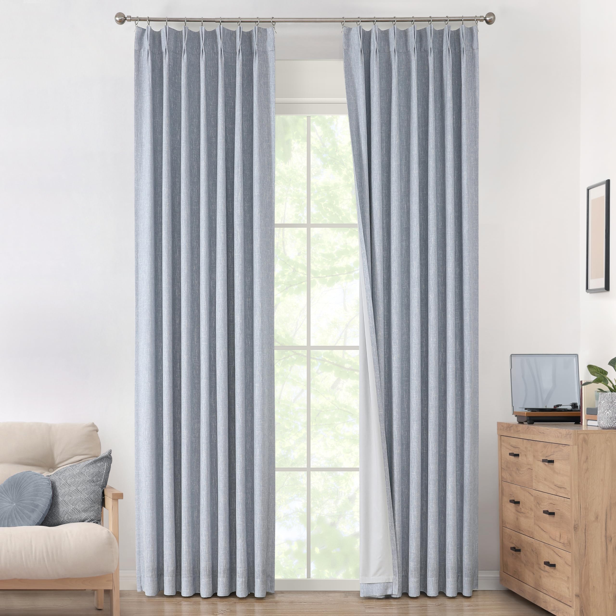Vision Home Natural Pinch Pleated Full Blackout Curtains Linen Blended Room Darkening Window Curtains 90 inch for Living Room Bedroom Thermal Insulated Pinch Pleat Drapes with Hooks 2 Panel 40"Wx90"L