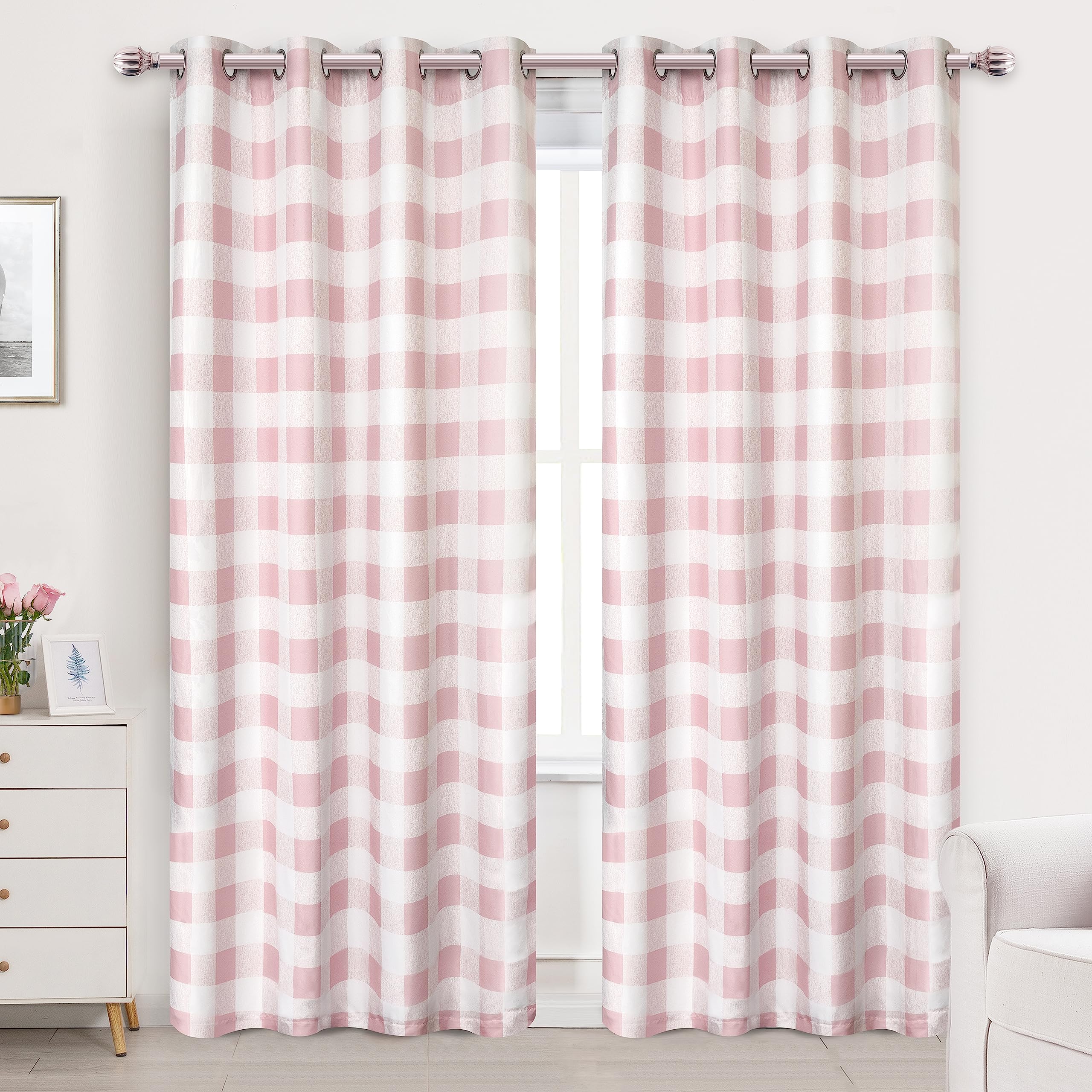 DriftAway Buffalo Plaid Blackout Curtains Linen Textured Farmhouse Double Layer Thermal Insulated Yarn Dyed Woven Checkered Gingham Grommet Drapes for Living Room 2 Panels Each 52W x 84L Taupe