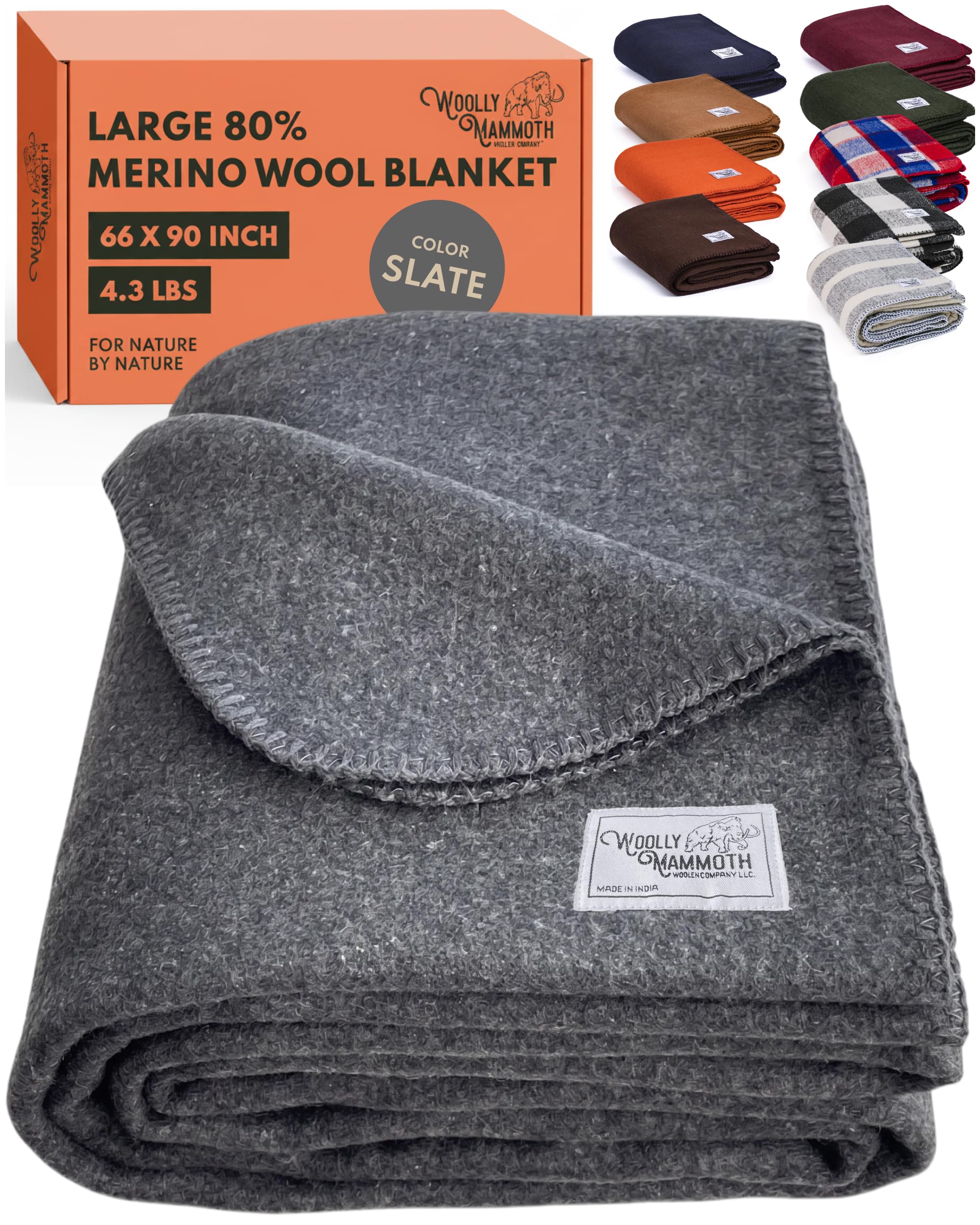 Woolly Mammoth Woolen Co. | Extra Large Merino Wool Camp Blanket | Perfect Outdoor Gear | Bedroll for Bushcraft, Camping, Trekking, Hiking, Survival, or Throw Blanket at the Cabin (Gray), 66" x 90"