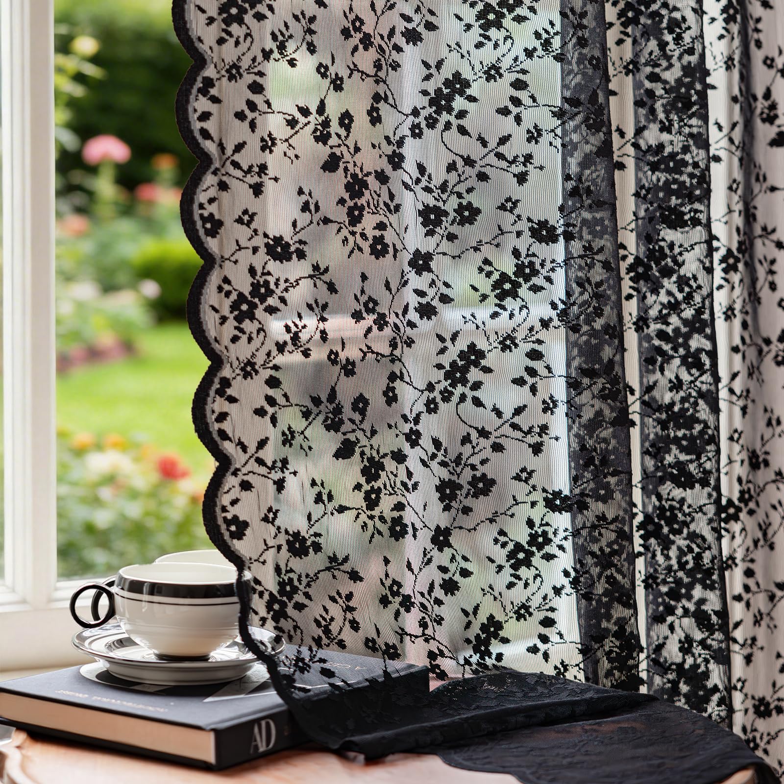 Anmao Vintage Lace Sheer Curtains 96 Inches Long - Romantic Floral Semi-Sheer Voile Panels for Living Room & Bedroom, Rod Pocket Light Filtering Drapes, Set of 2 Panels (52" W x 96" L), White