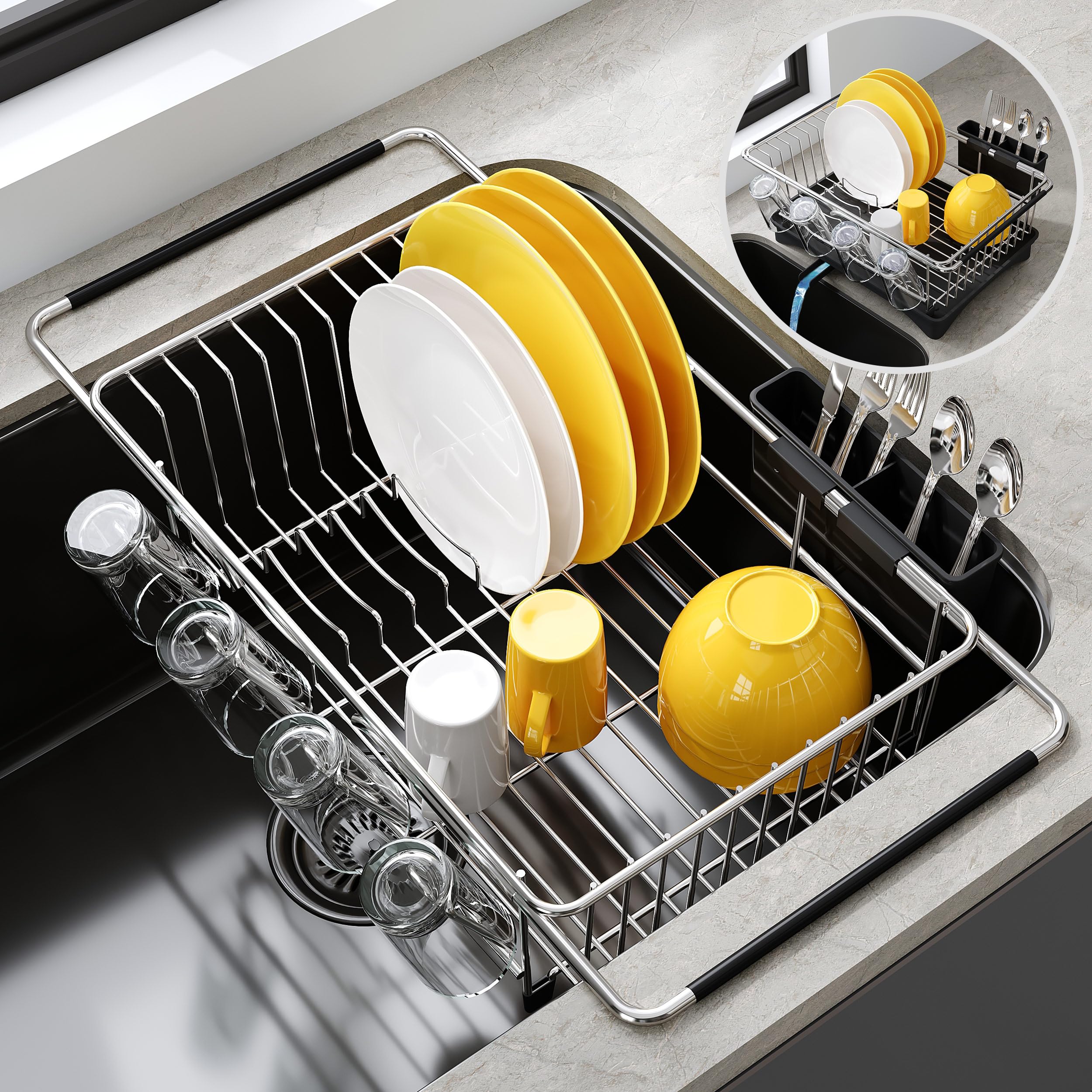 JASIWAY Dish Drying Rack in Sink, Expandable Stainless Steel Dish Drainers for Kitchen Counter, Dish Dryer Rack for Inside Sink, Over The Sink Dish Racks with Utensil Holder, Silver